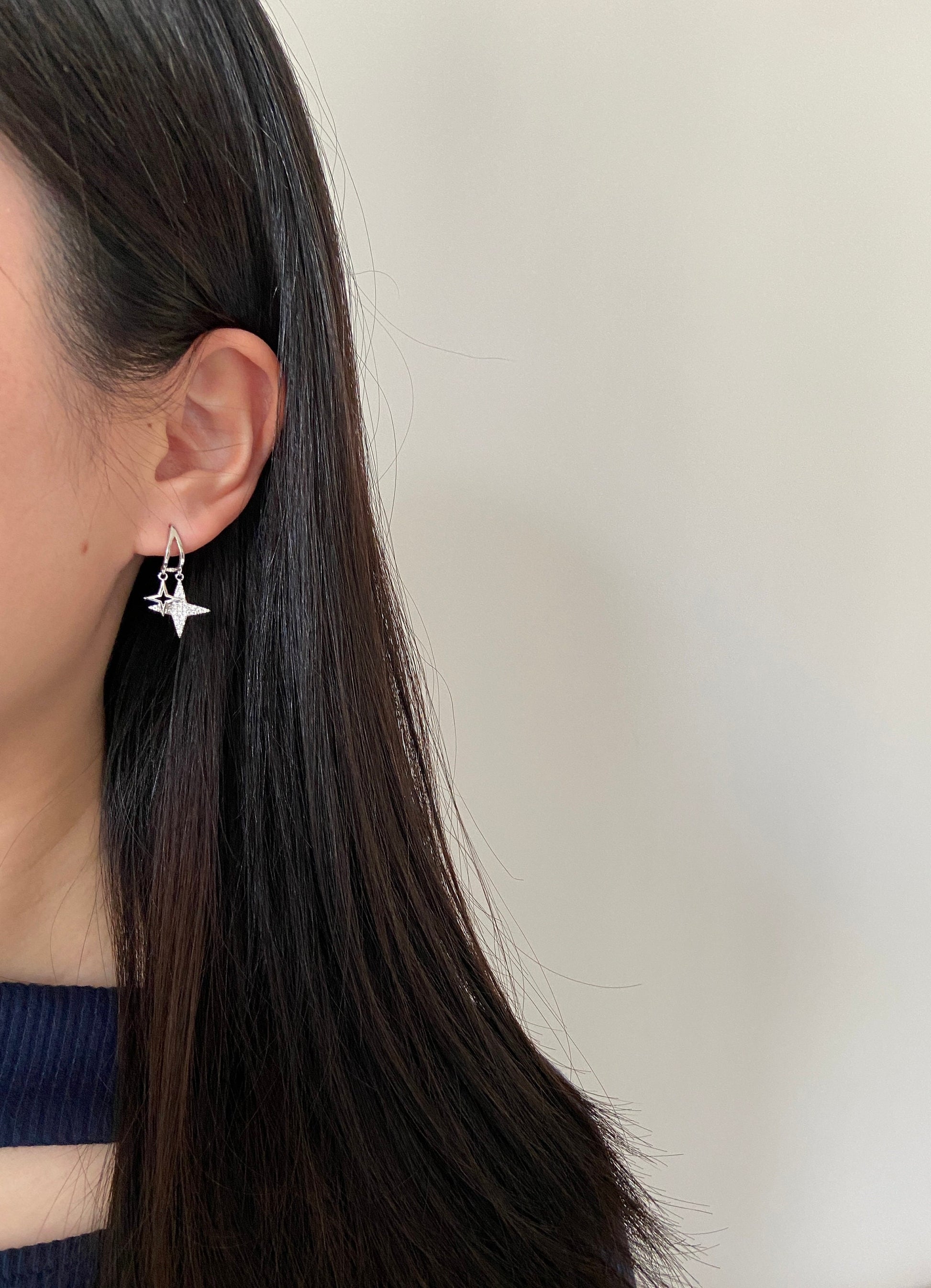 North Star Earrings, Double Star Drop Earrings, Shiny Star Hook Earrings, 14K Gold Plated 925 Sterling Silver Earrings, Star Jewellery Gift