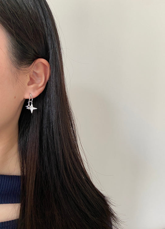 North Star Earrings, Double Star Drop Earrings, Shiny Star Hook Earrings, 14K Gold Plated 925 Sterling Silver Earrings, Star Jewellery Gift