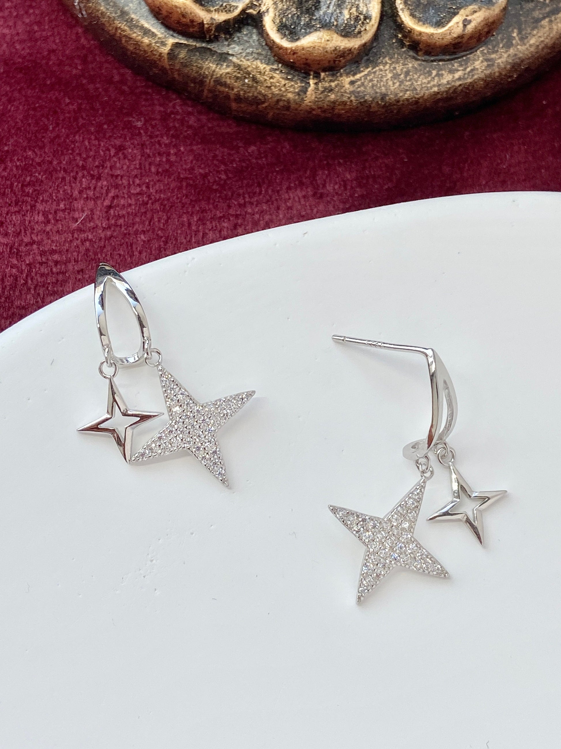 North Star Earrings, Double Star Drop Earrings, Shiny Star Hook Earrings, 14K Gold Plated 925 Sterling Silver Earrings, Star Jewellery Gift