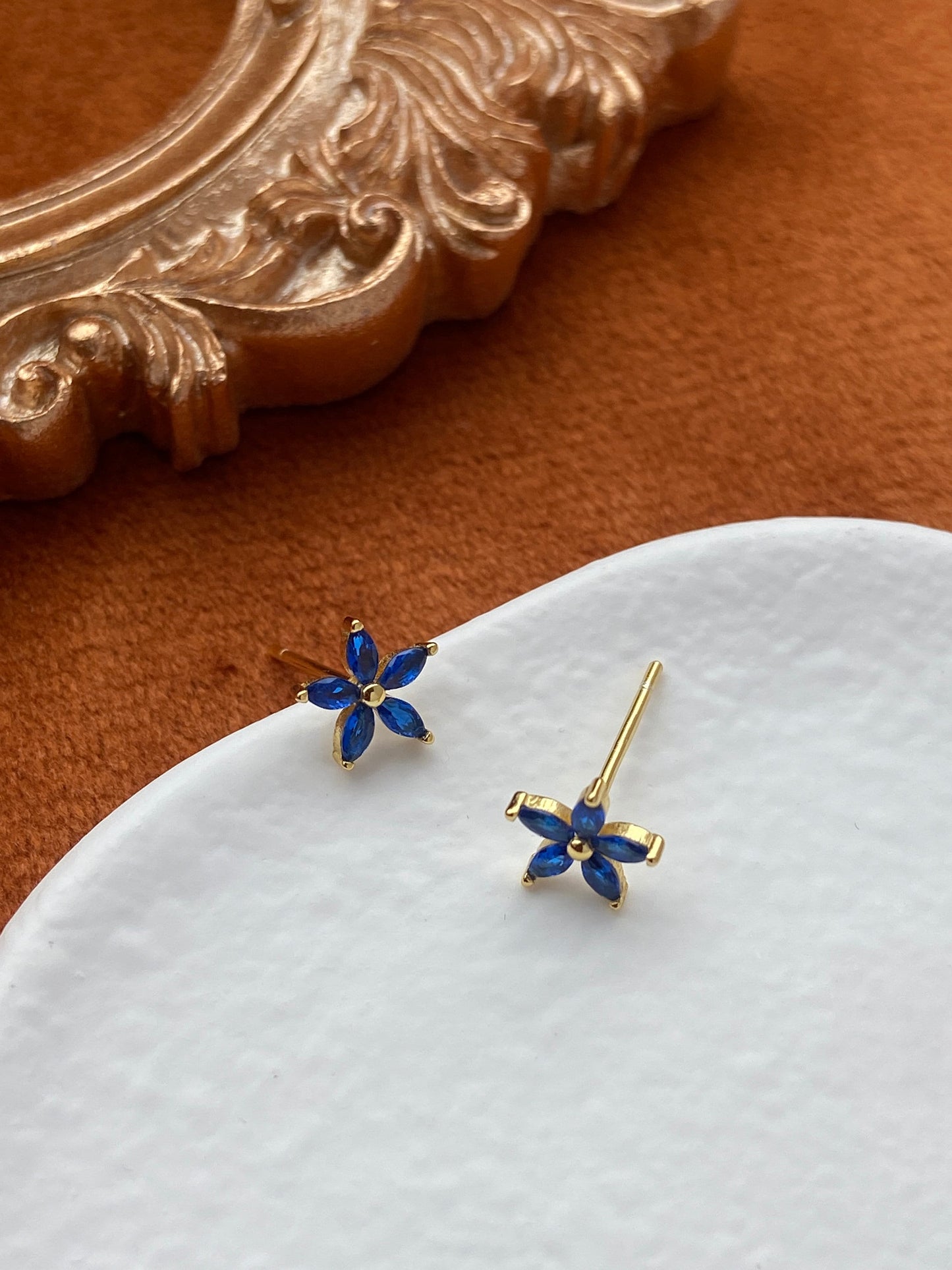 Dainty Blue Flower Earrings, Elegant Cute Five-Petaled Flowers Stud Earrings Jewelry, 14K Gold Plated 925 Sterling Silver Earrings Jewellery