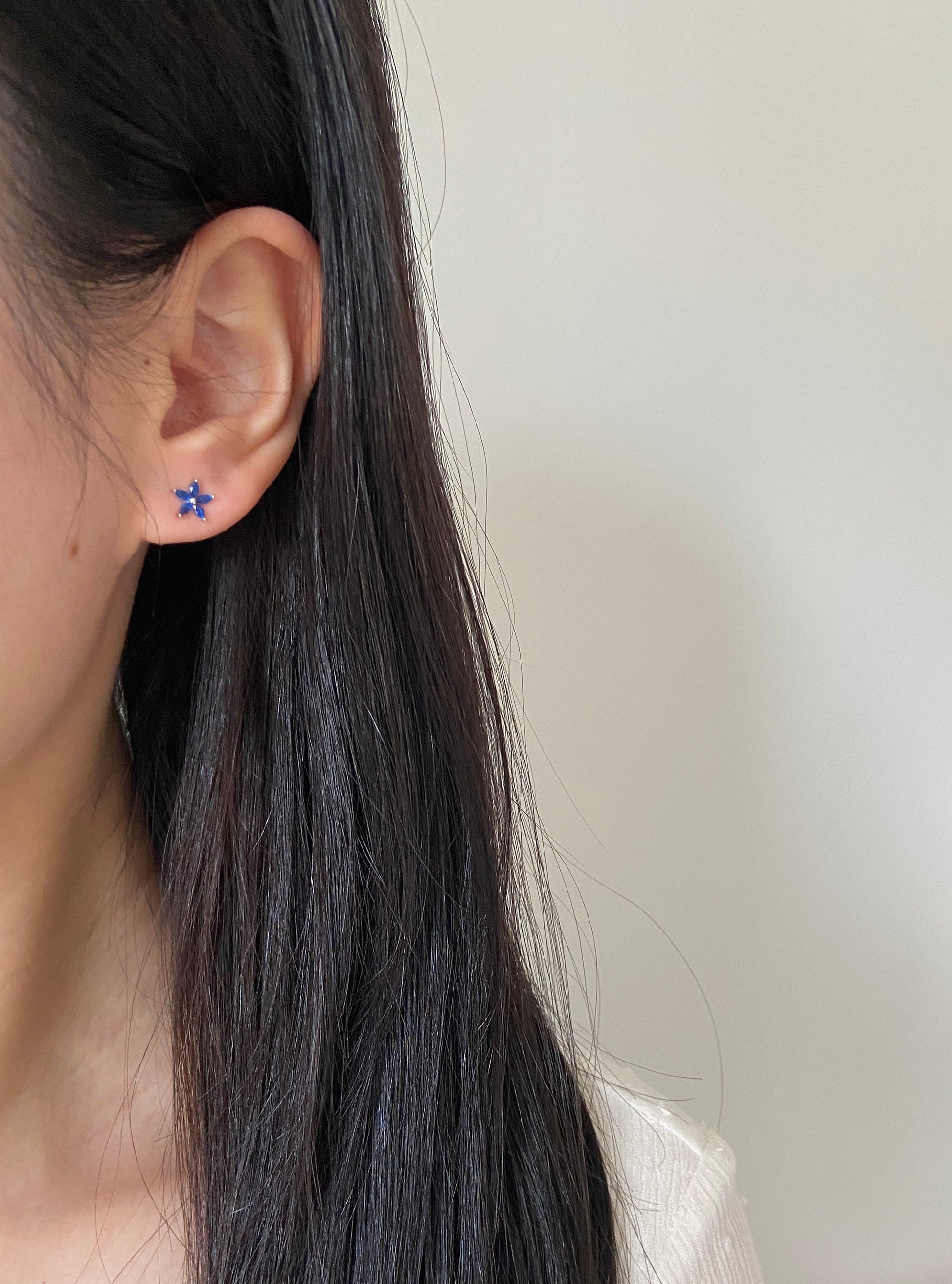 Dainty Blue Flower Earrings, Elegant Cute Five-Petaled Flowers Stud Earrings Jewelry, 14K Gold Plated 925 Sterling Silver Earrings Jewellery