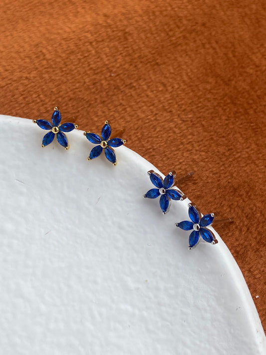 Dainty Blue Flower Earrings, Elegant Cute Five-Petaled Flowers Stud Earrings Jewelry, 14K Gold Plated 925 Sterling Silver Earrings Jewellery