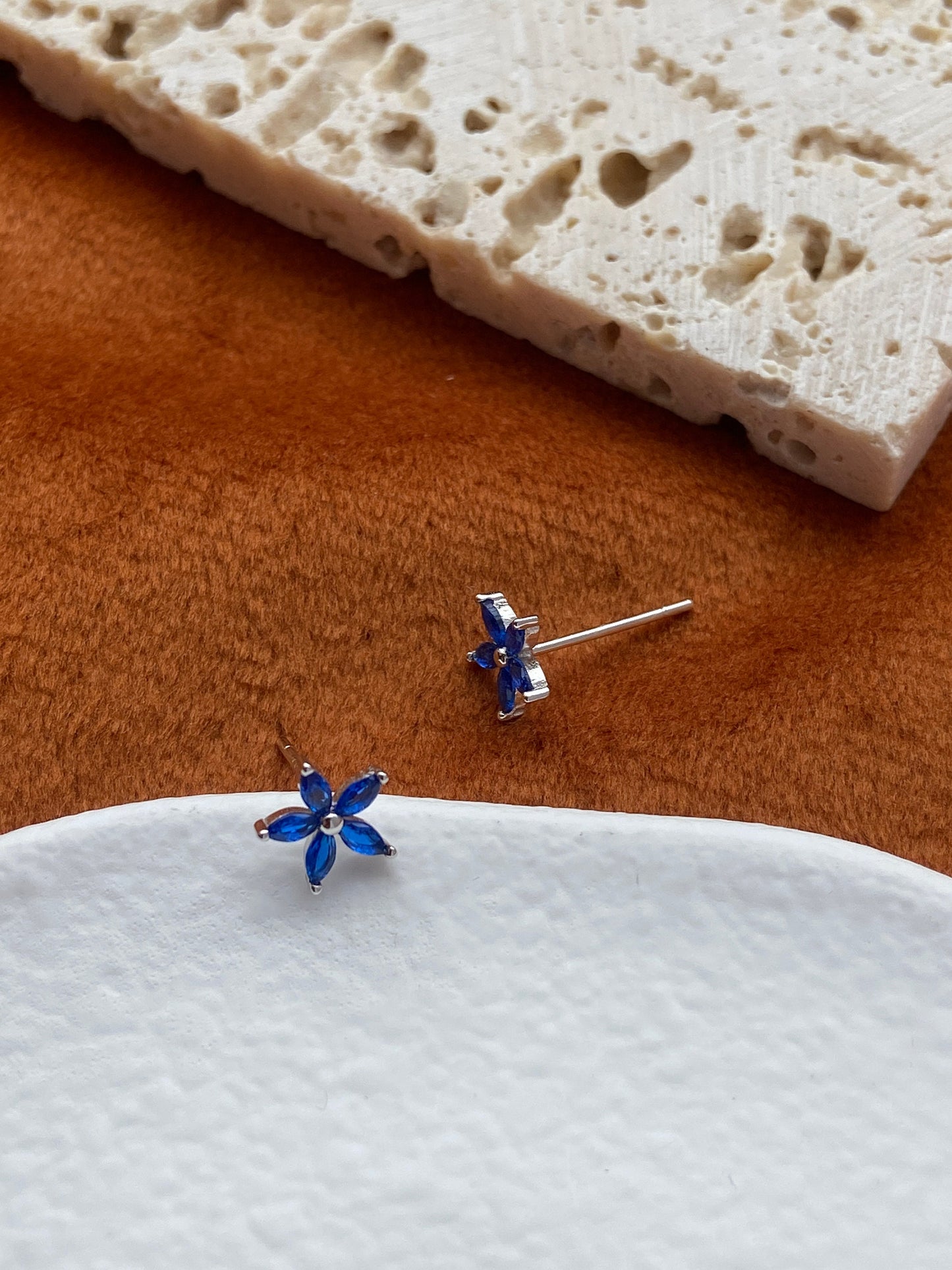 Dainty Blue Flower Earrings, Elegant Cute Five-Petaled Flowers Stud Earrings Jewelry, 14K Gold Plated 925 Sterling Silver Earrings Jewellery