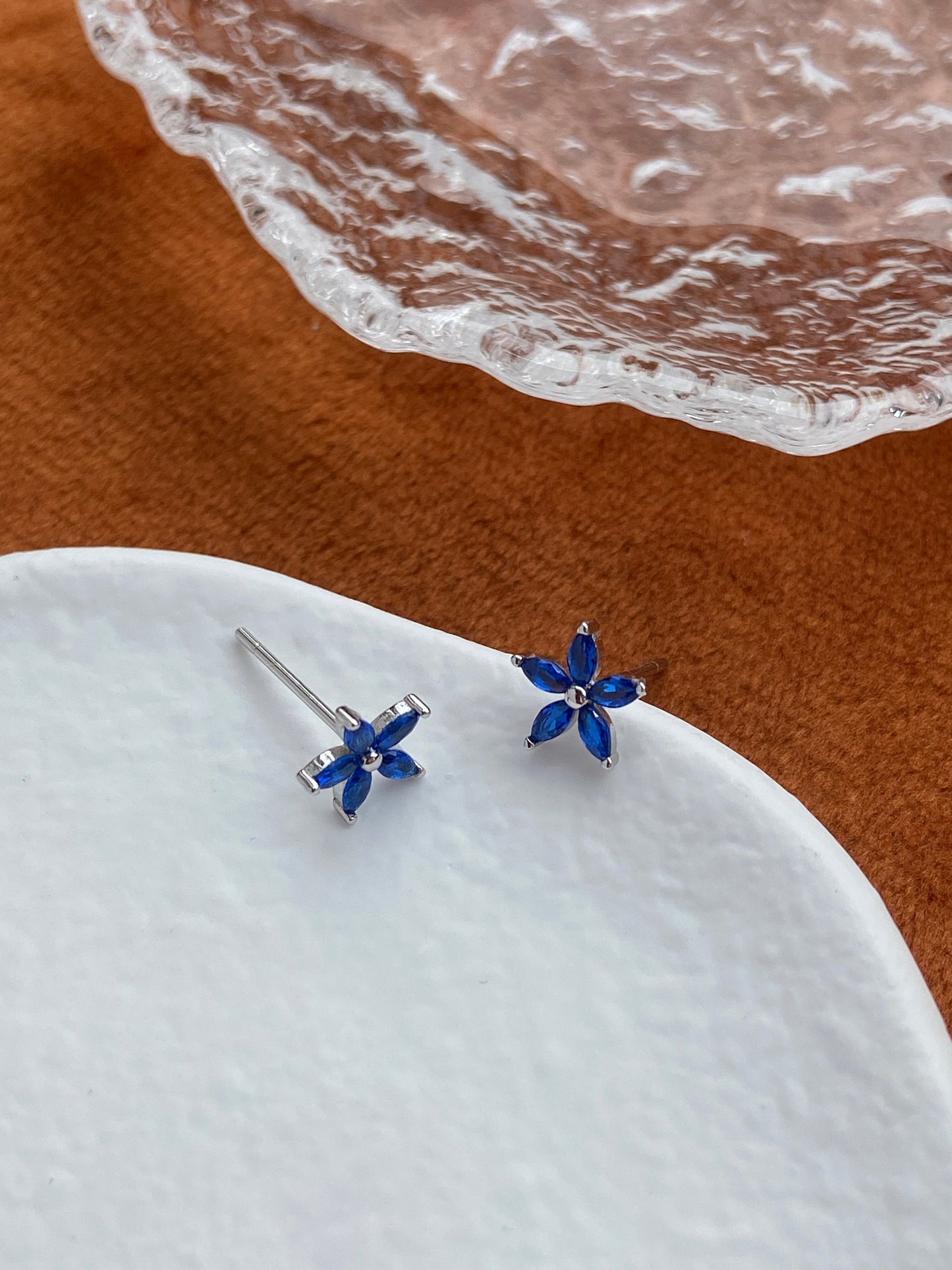 Dainty Blue Flower Earrings, Elegant Cute Five-Petaled Flowers Stud Earrings Jewelry, 14K Gold Plated 925 Sterling Silver Earrings Jewellery