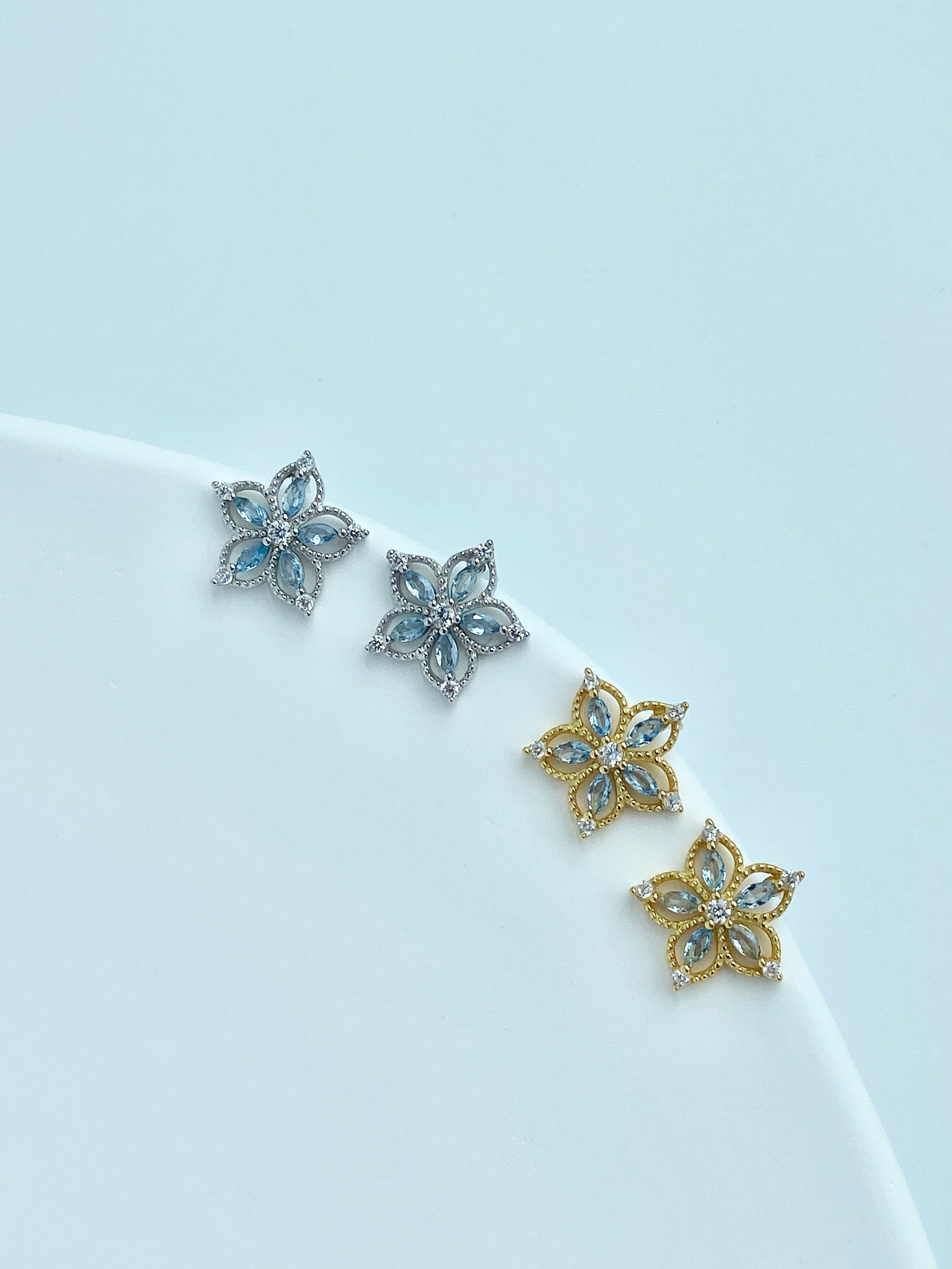 Dainty Blue Flower Zircon Stud Earrings, Golden Luxury Sapphire Floral Earrings, Gold Five Petal Jewelry, Silver Celeste Stone Jewellery