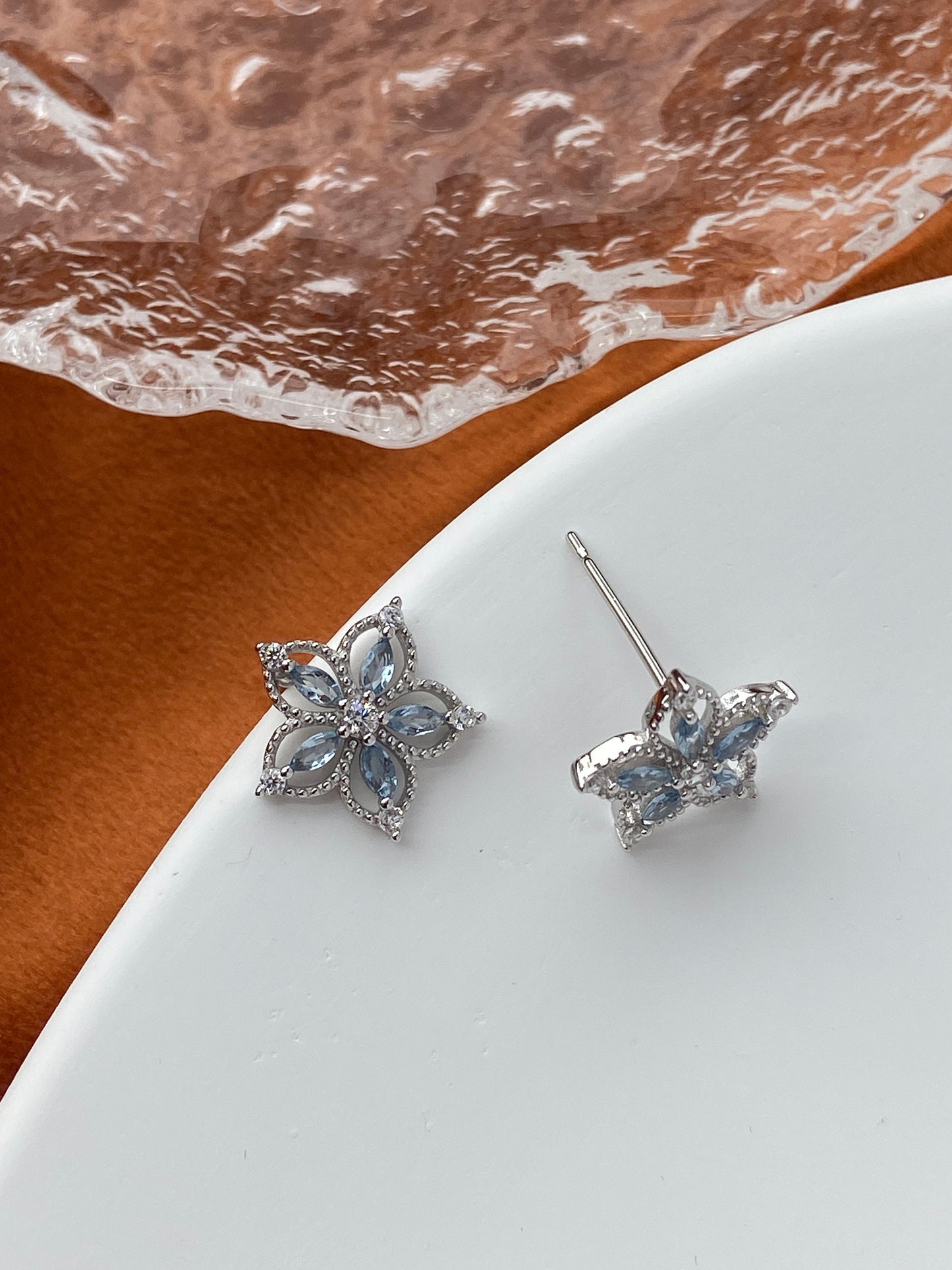 Dainty Blue Flower Zircon Stud Earrings, Golden Luxury Sapphire Floral Earrings, Gold Five Petal Jewelry, Silver Celeste Stone Jewellery