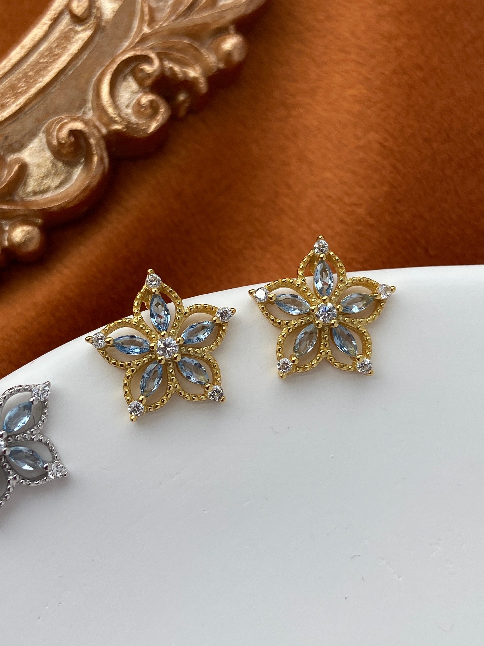 Dainty Blue Flower Zircon Stud Earrings, Golden Luxury Sapphire Floral Earrings, Gold Five Petal Jewelry, Silver Celeste Stone Jewellery