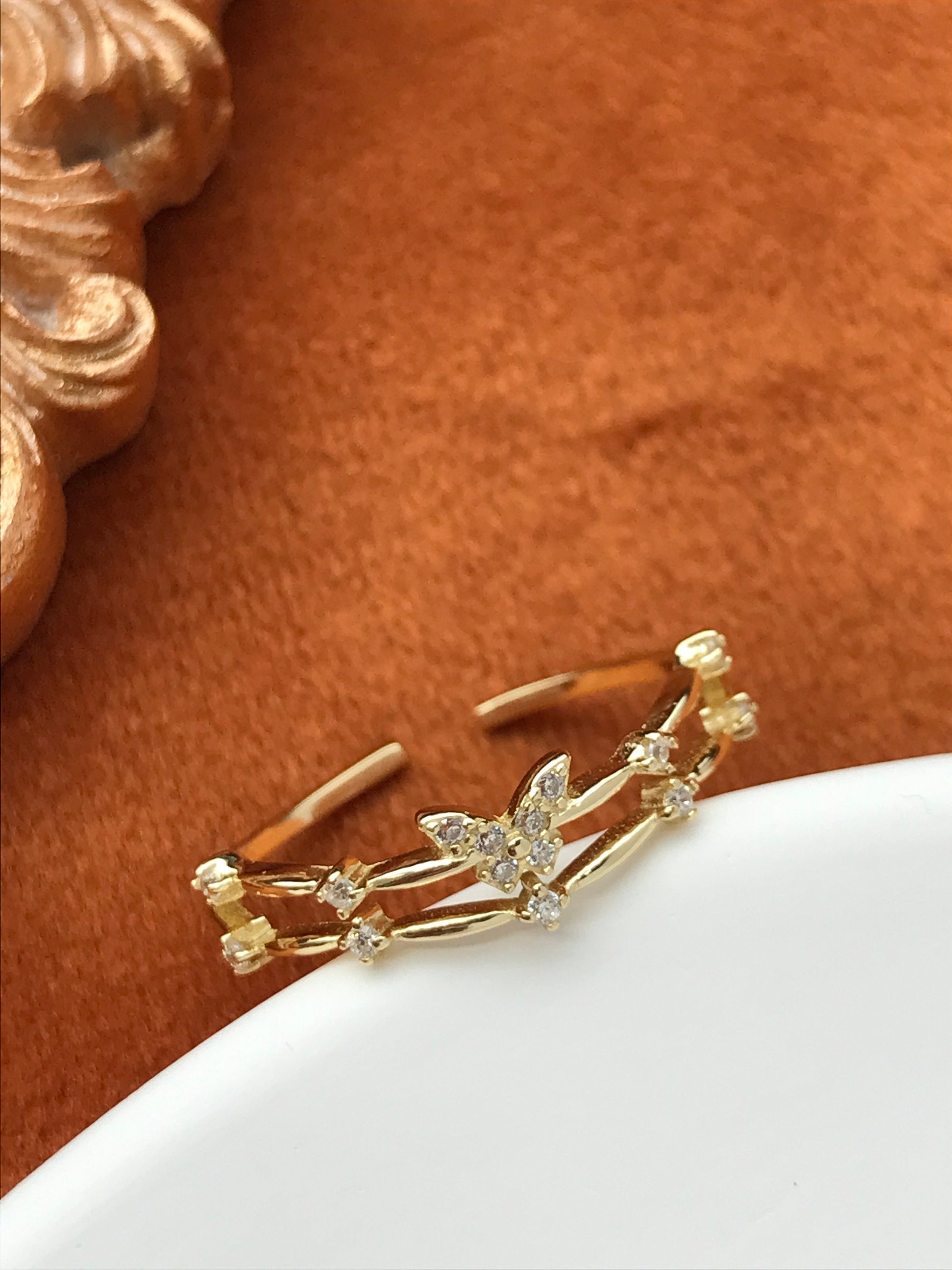 Golden Butterfly Ring, Double Layers Adjustable Rings, Gold Heart Jewelry, Dainty Shiny Zircon Rings, Luxury Elegant Jewellery