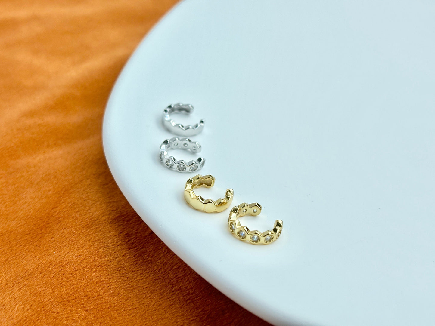 Dainty Beehive Ear Cuff, Golden HoneyComb Non-piercing Earrings, Silver Hexagonal Jewelry, 14K Gold Plated 925 Sterling Silver Jewellery