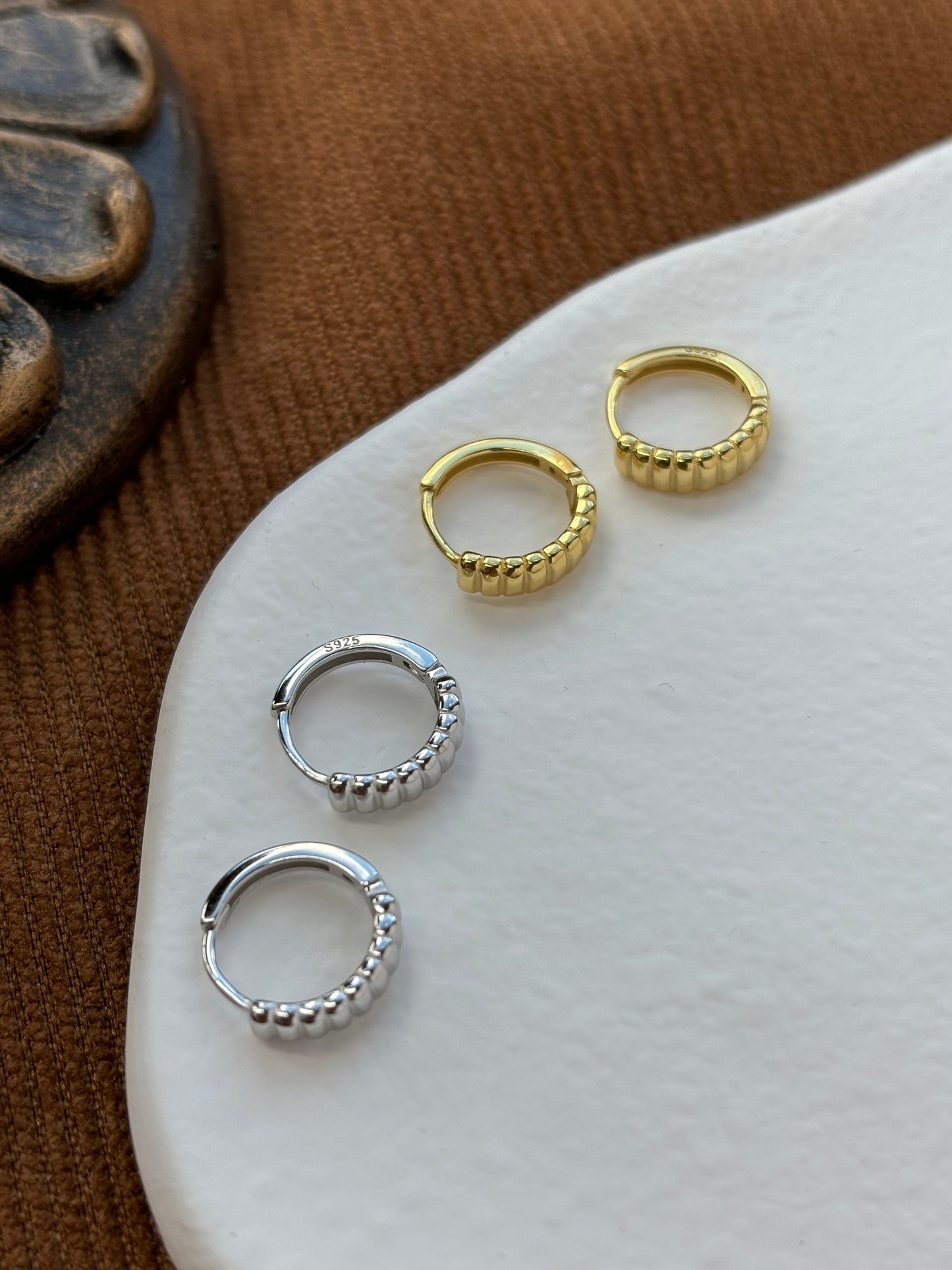 Dainty Ridge Huggie, Golden Ribbed Hoop Earrings, Silver Minimalist Daily Basic Jewelry, 14K Gold Plated 925 Sterling Silver Jewellery