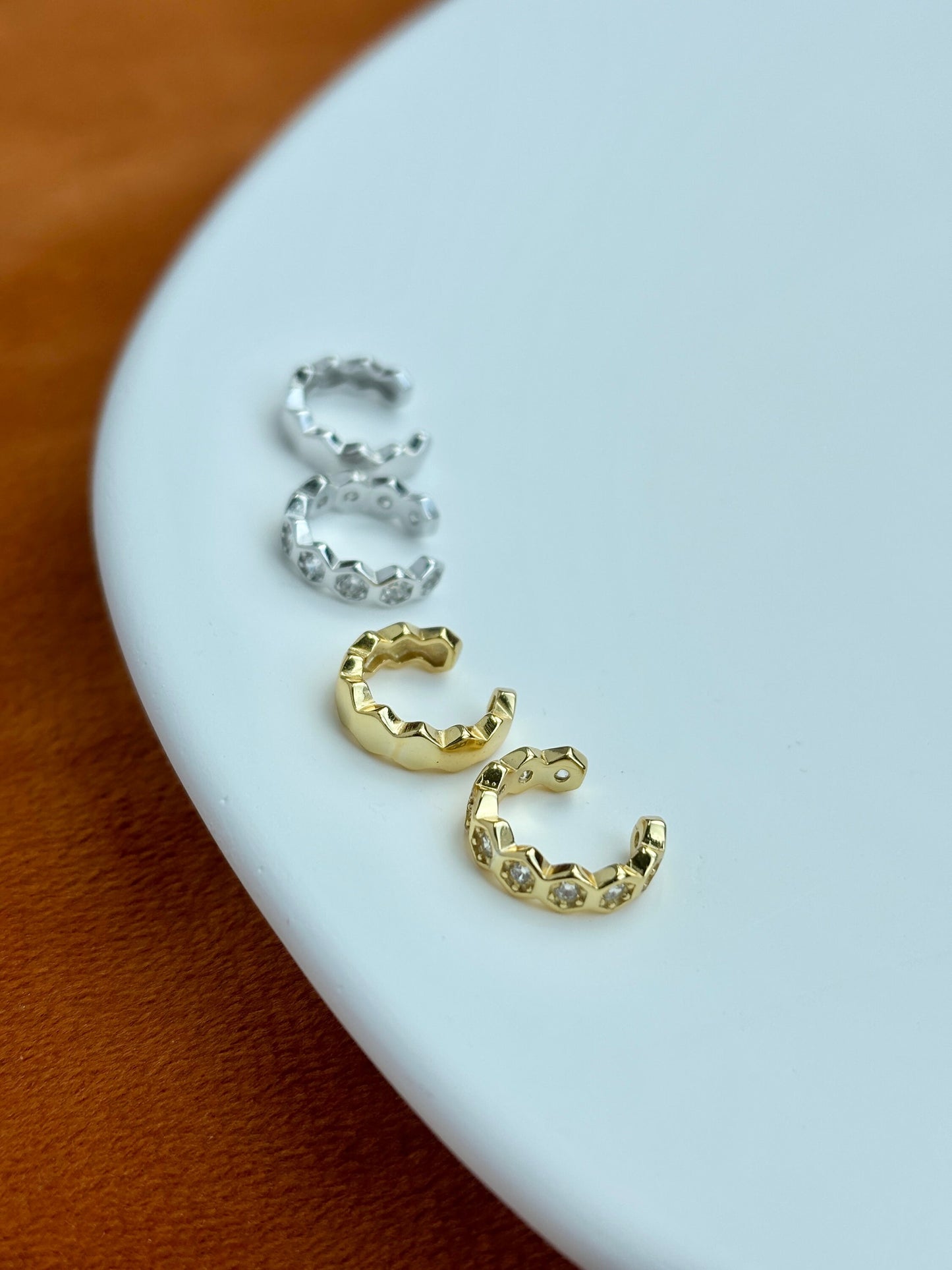 Dainty Beehive Ear Cuff, Golden HoneyComb Non-piercing Earrings, Silver Hexagonal Jewelry, 14K Gold Plated 925 Sterling Silver Jewellery