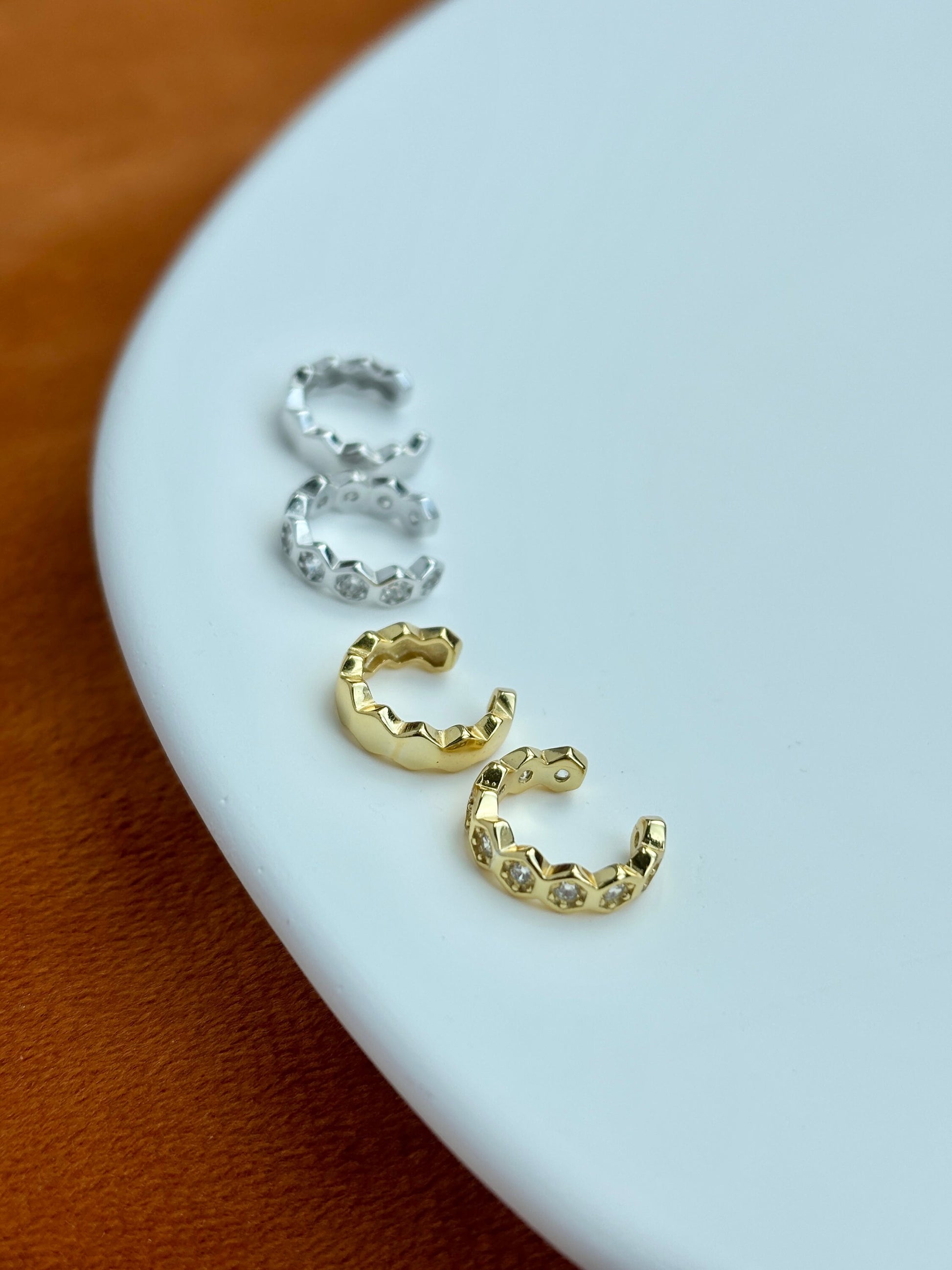 Dainty Beehive Ear Cuff, Golden HoneyComb Non-piercing Earrings, Silver Hexagonal Jewelry, 14K Gold Plated 925 Sterling Silver Jewellery