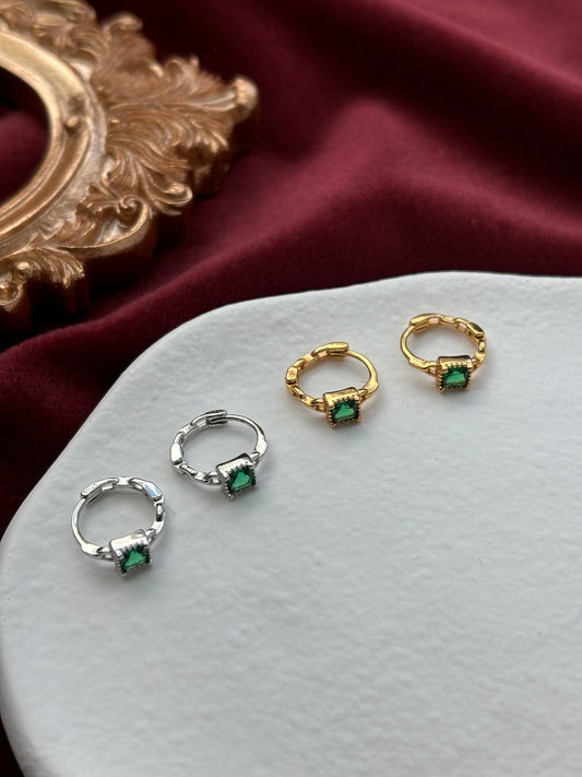 Dainty Silver Emerald Earrings, Green Stone Huggie Jewelry, Green Zircon Golden Hoop, 18K Gold Plated 925 Sterling Silver Jewellery