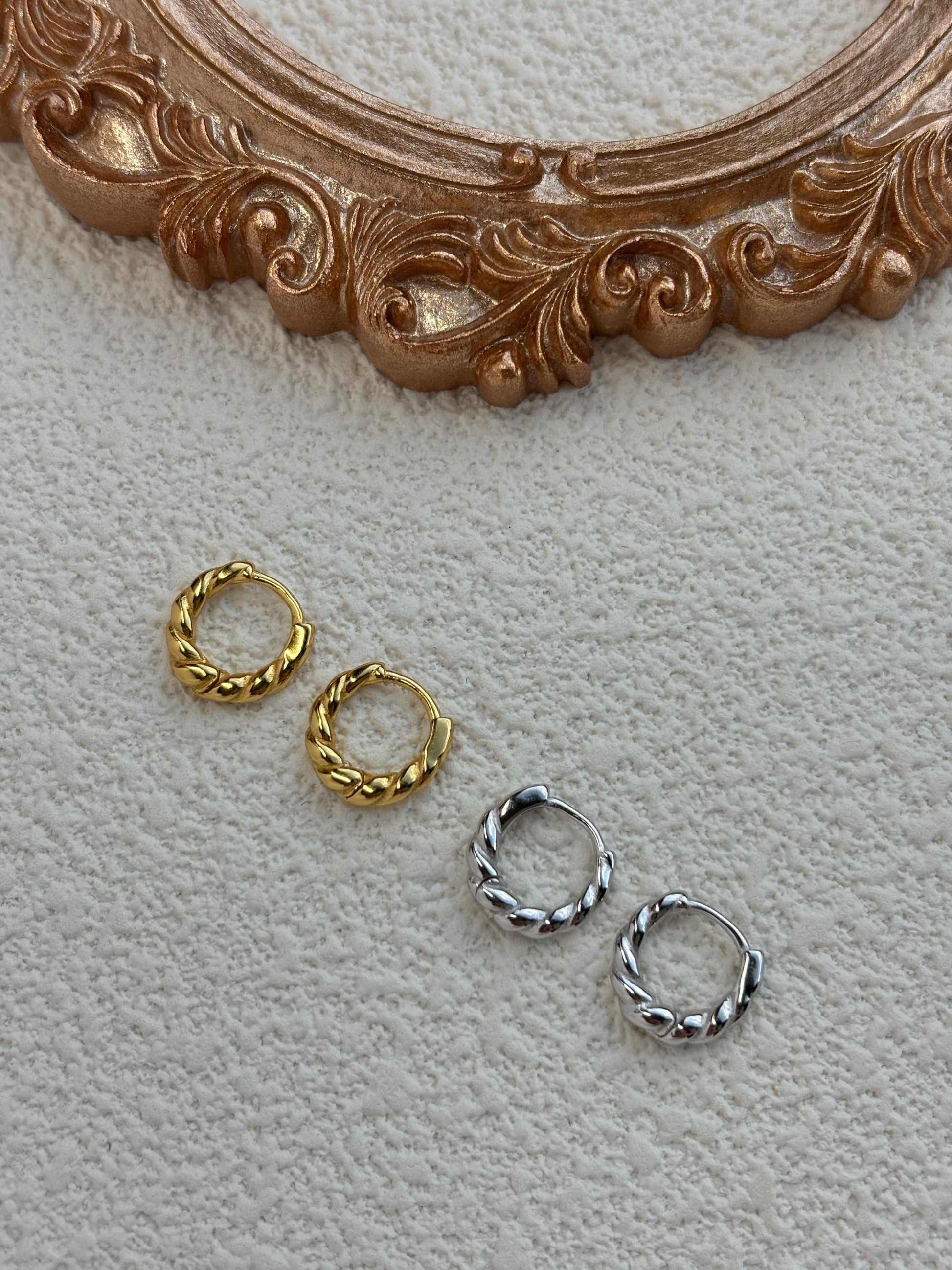 Golden Twist Hoops, Silver Spiral Earrings, Twisted Huggie Jewelry, Daily Basic Golden Hoop, 14K Gold Plated 925 Sterling Silver Jewellery