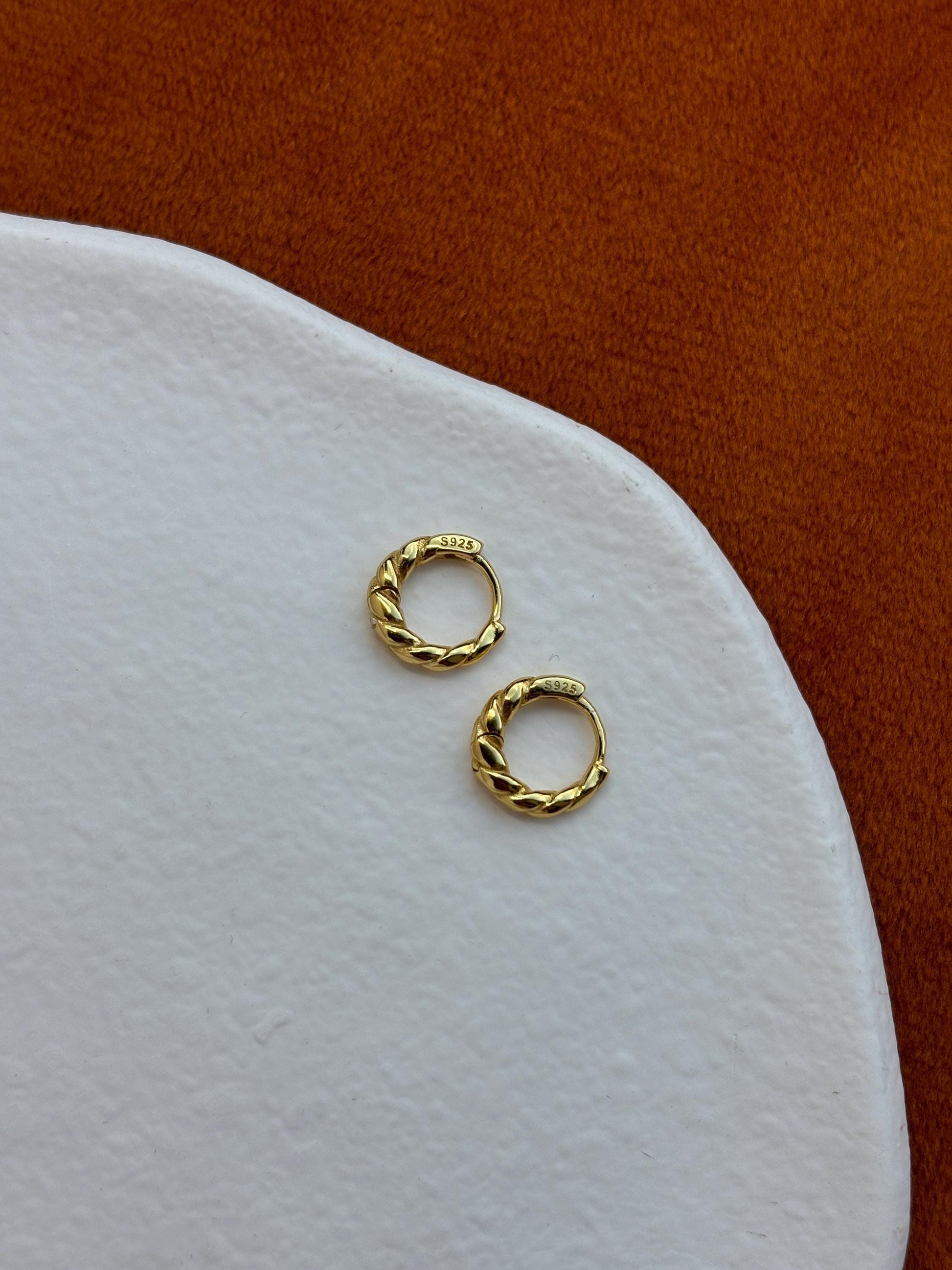 Golden Twist Hoops, Silver Spiral Earrings, Twisted Huggie Jewelry, Daily Basic Golden Hoop, 14K Gold Plated 925 Sterling Silver Jewellery