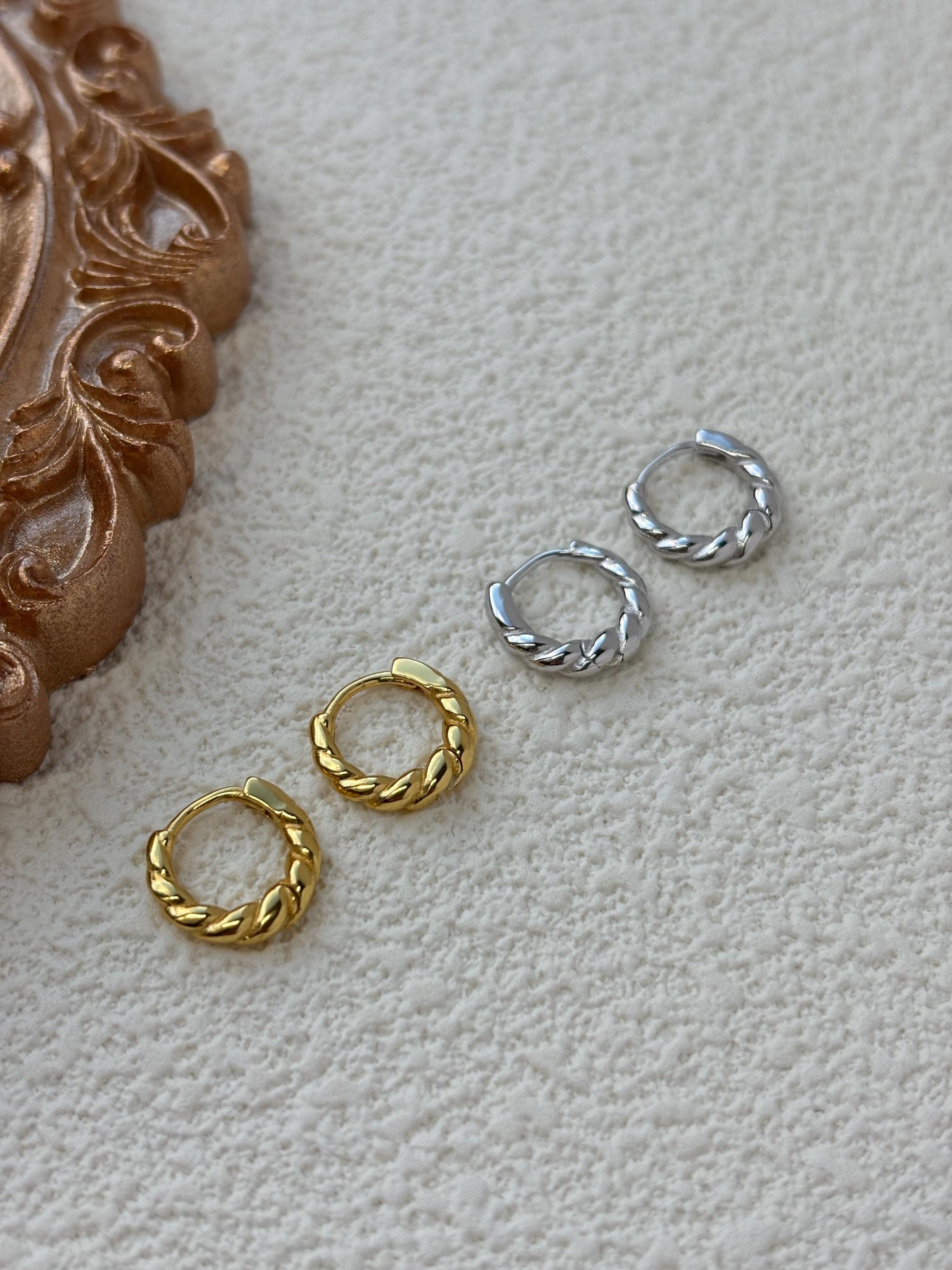 Golden Twist Hoops, Silver Spiral Earrings, Twisted Huggie Jewelry, Daily Basic Golden Hoop, 14K Gold Plated 925 Sterling Silver Jewellery