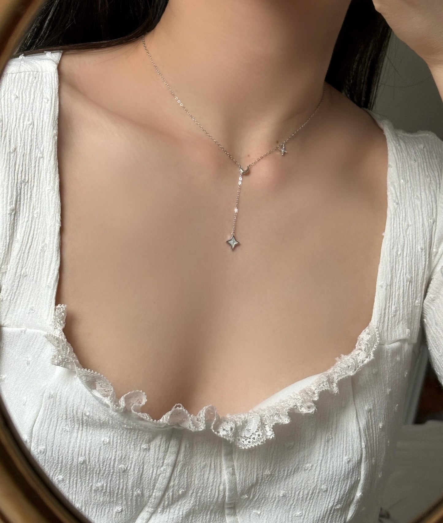 Silver Shiny Star Moon Clavicle Necklace, Golden North Star Pendant Jewellery, Gold Chain Y Shaped Lariat Necklace, Dainty Crescent Jewelry