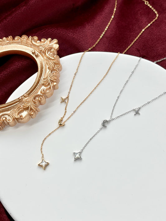 Silver Shiny Star Moon Clavicle Necklace, Golden North Star Pendant Jewellery, Gold Chain Y Shaped Lariat Necklace, Dainty Crescent Jewelry
