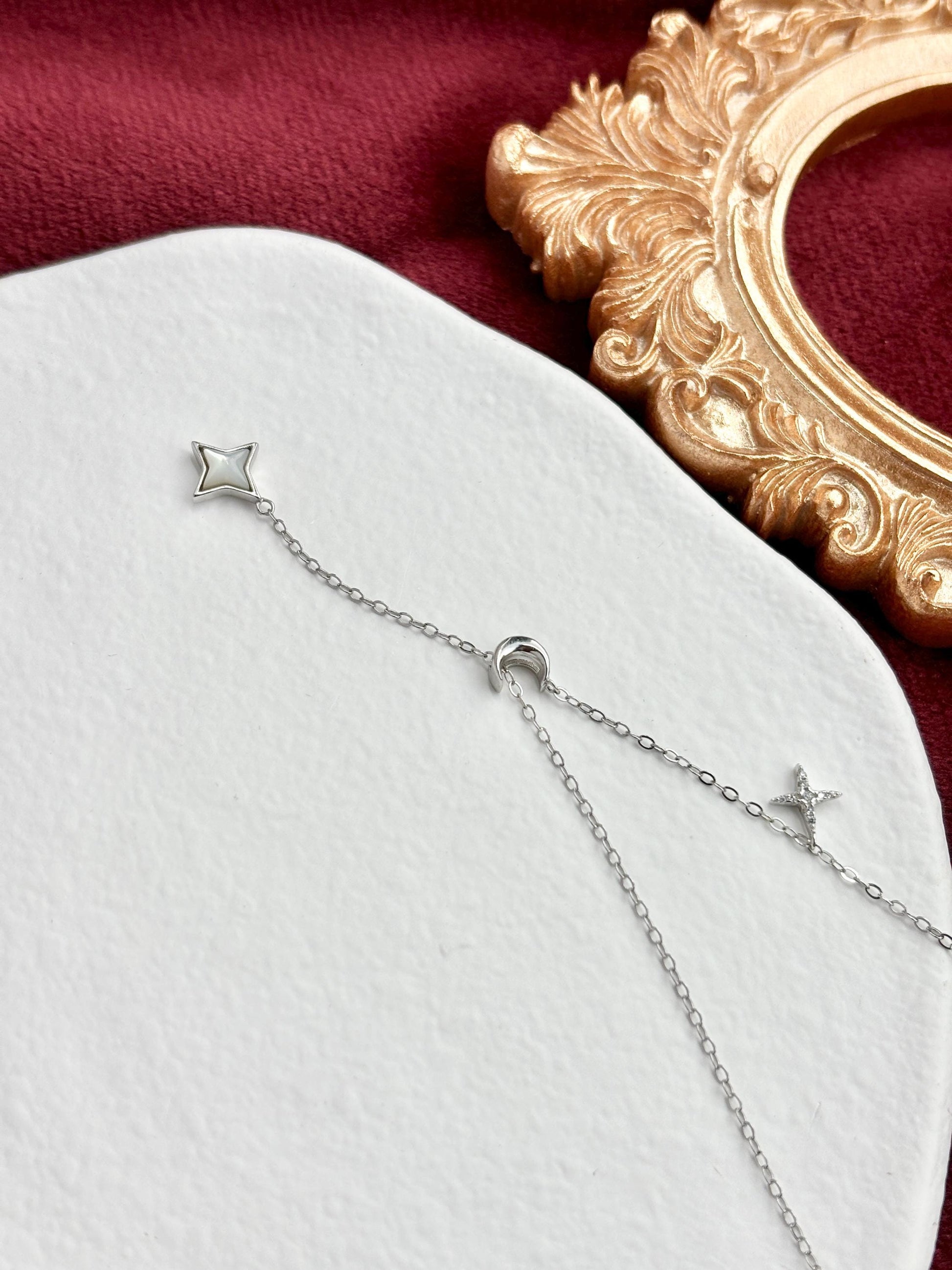 Silver Shiny Star Moon Clavicle Necklace, Golden North Star Pendant Jewellery, Gold Chain Y Shaped Lariat Necklace, Dainty Crescent Jewelry