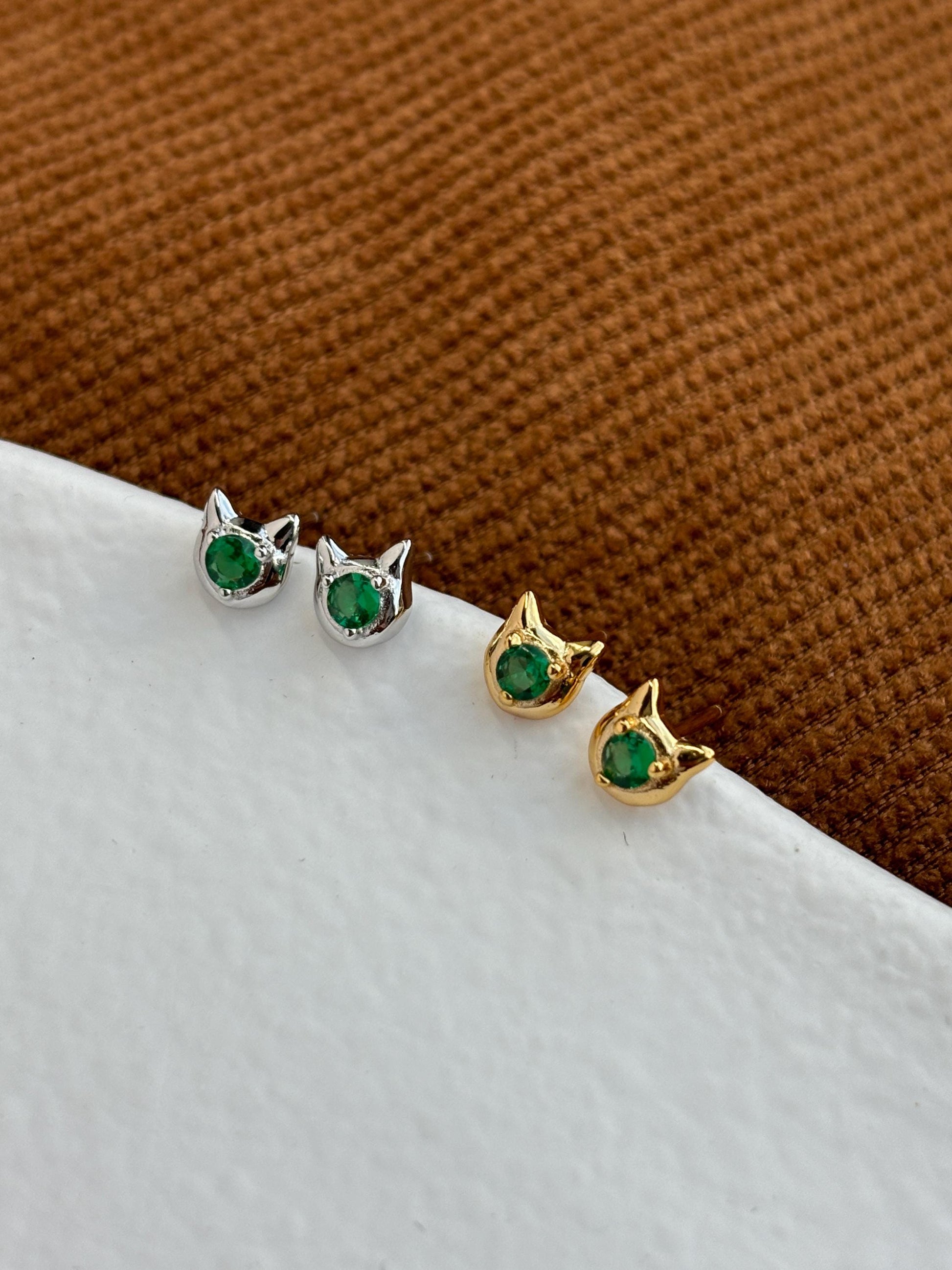 Cute Kitten Stud Earrings, Mini Golden Cat Earrings, Emerald Animal Jewelry, Sterling Silver Jewellery, 18K Gold Plated Green Gemstone Studs