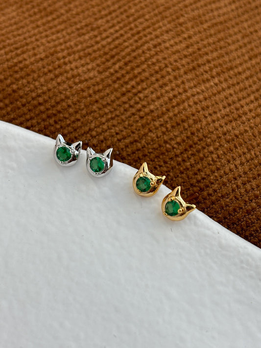 Cute Kitten Stud Earrings, Mini Golden Cat Earrings, Emerald Animal Jewelry, Sterling Silver Jewellery, 18K Gold Plated Green Gemstone Studs