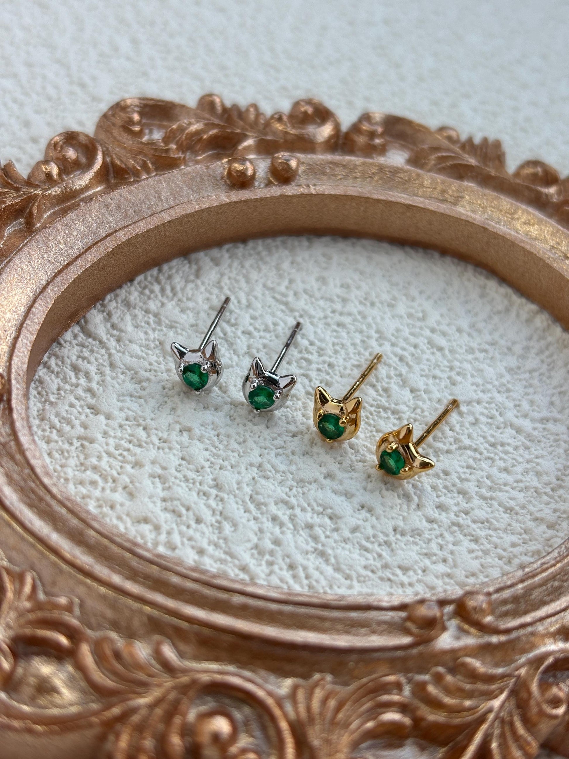 Cute Kitten Stud Earrings, Mini Golden Cat Earrings, Emerald Animal Jewelry, Sterling Silver Jewellery, 18K Gold Plated Green Gemstone Studs