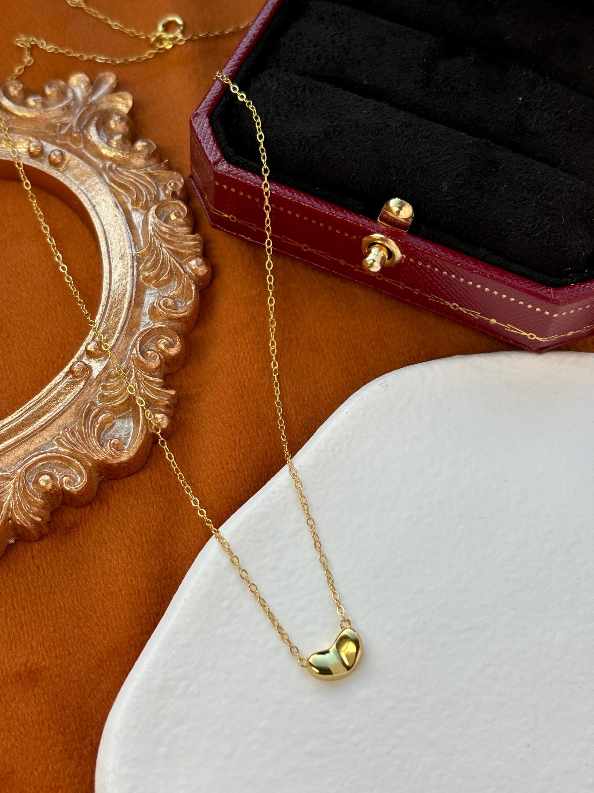 Basic Silver Heart Clavicle Necklace, Golden Heart Pendant Jewellery, Minimalist Love Necklace, Dainty Mini Pea Jewelry, 14K Gold Plated