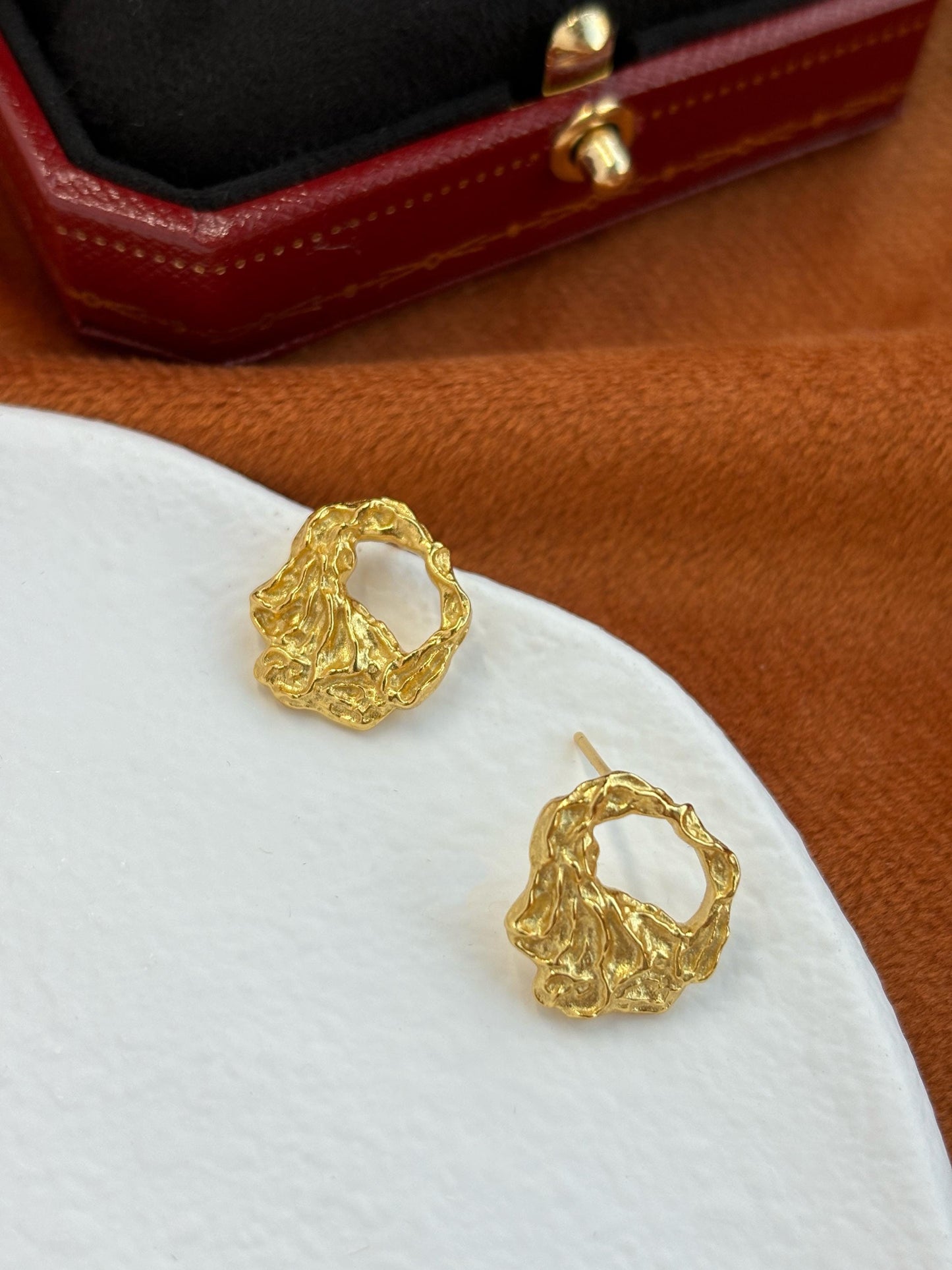 Irregular Hollow Texture Geometric Statement Stud Earrings, Fashion Daily Jewellery, Gold Plated 925 Sterling Silver Jewelry