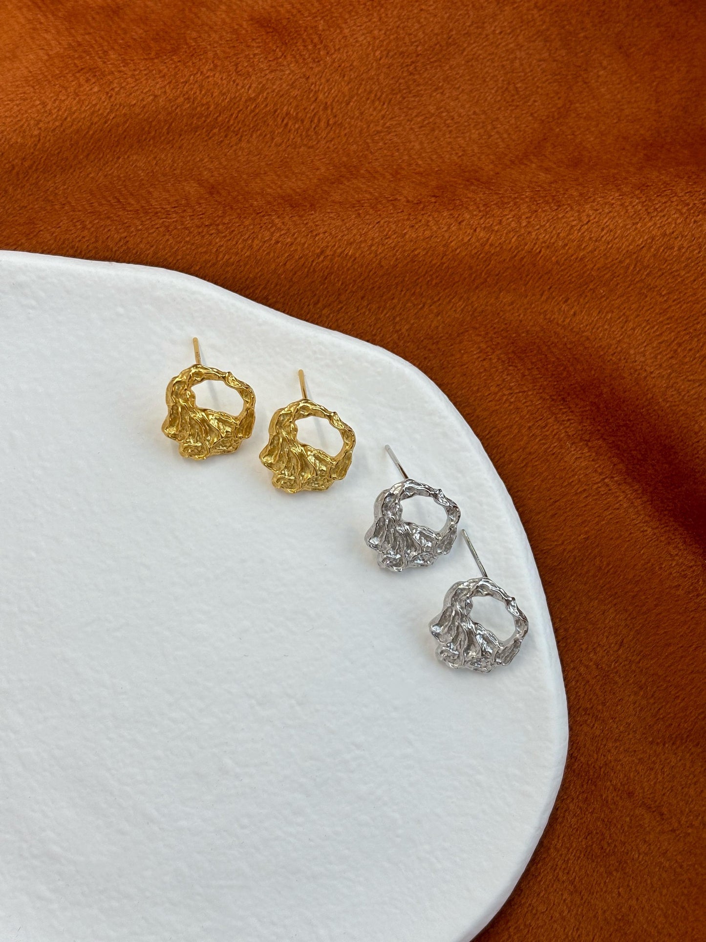 Irregular Hollow Texture Geometric Statement Stud Earrings, Fashion Daily Jewellery, Gold Plated 925 Sterling Silver Jewelry