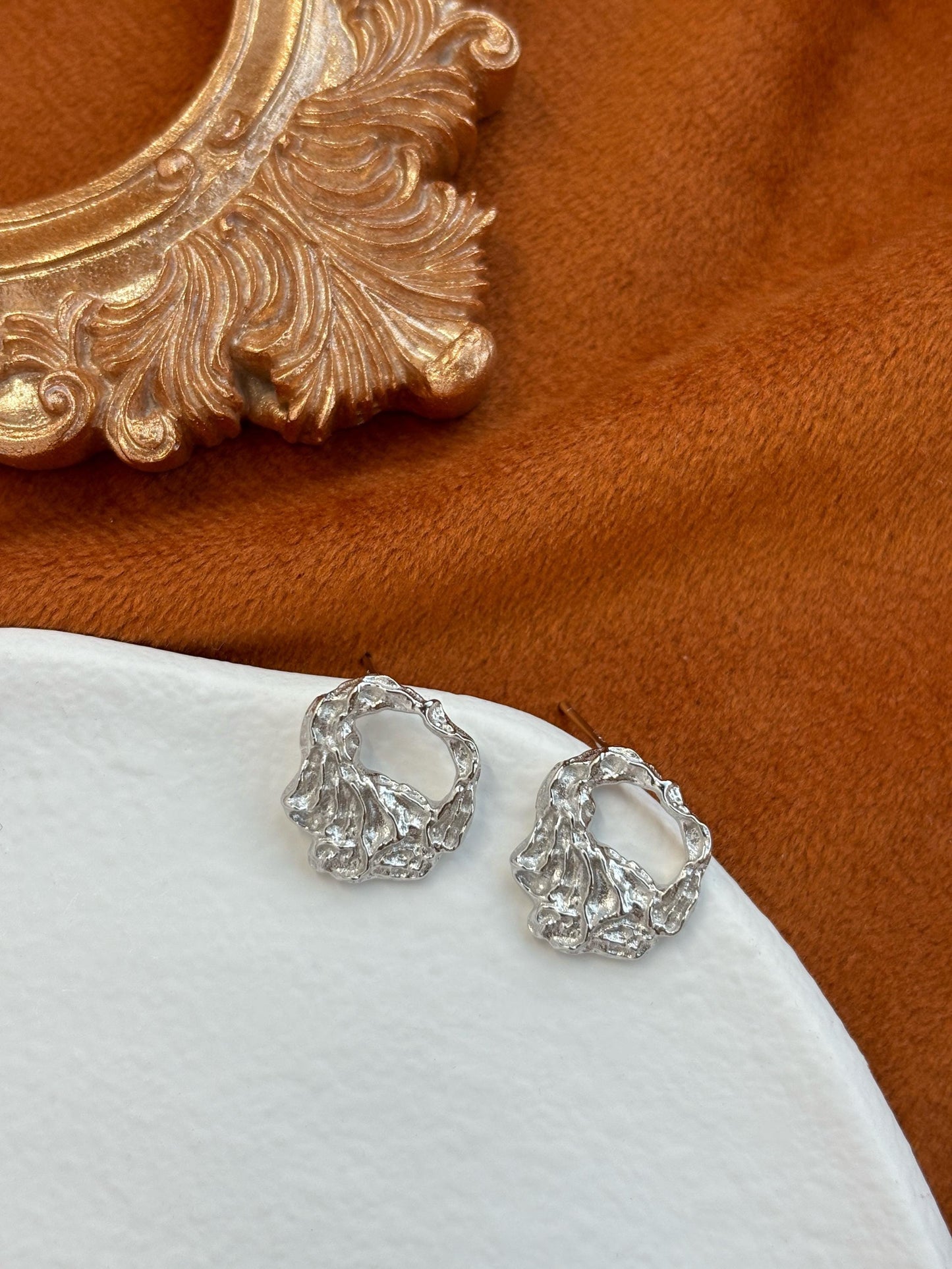 Irregular Hollow Texture Geometric Statement Stud Earrings, Fashion Daily Jewellery, Gold Plated 925 Sterling Silver Jewelry