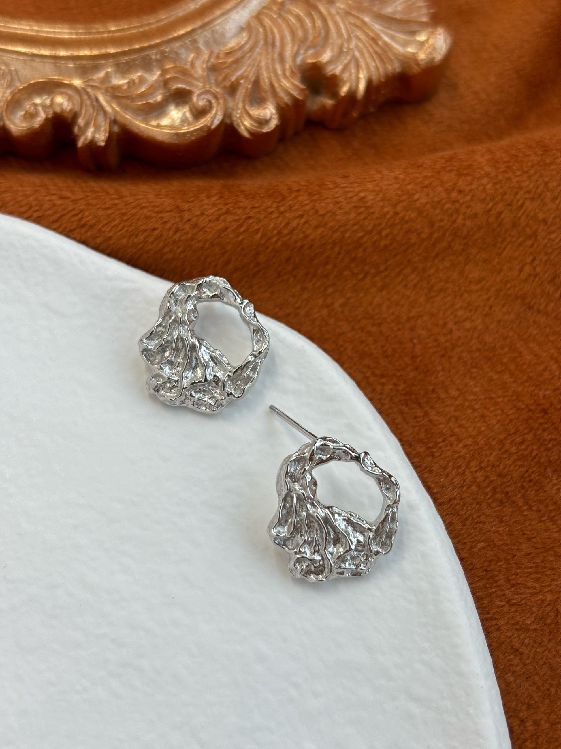 Irregular Hollow Texture Geometric Statement Stud Earrings, Fashion Daily Jewellery, Gold Plated 925 Sterling Silver Jewelry