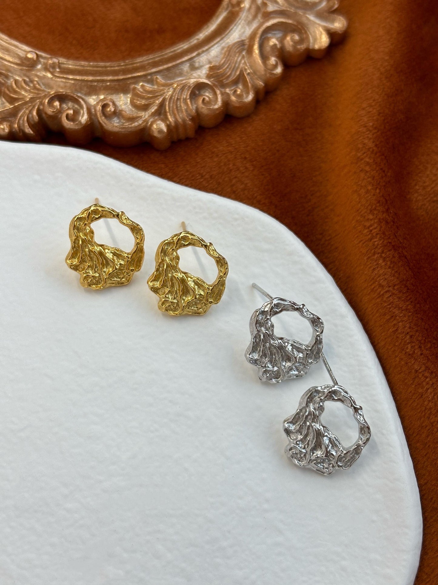 Irregular Hollow Texture Geometric Statement Stud Earrings, Fashion Daily Jewellery, Gold Plated 925 Sterling Silver Jewelry