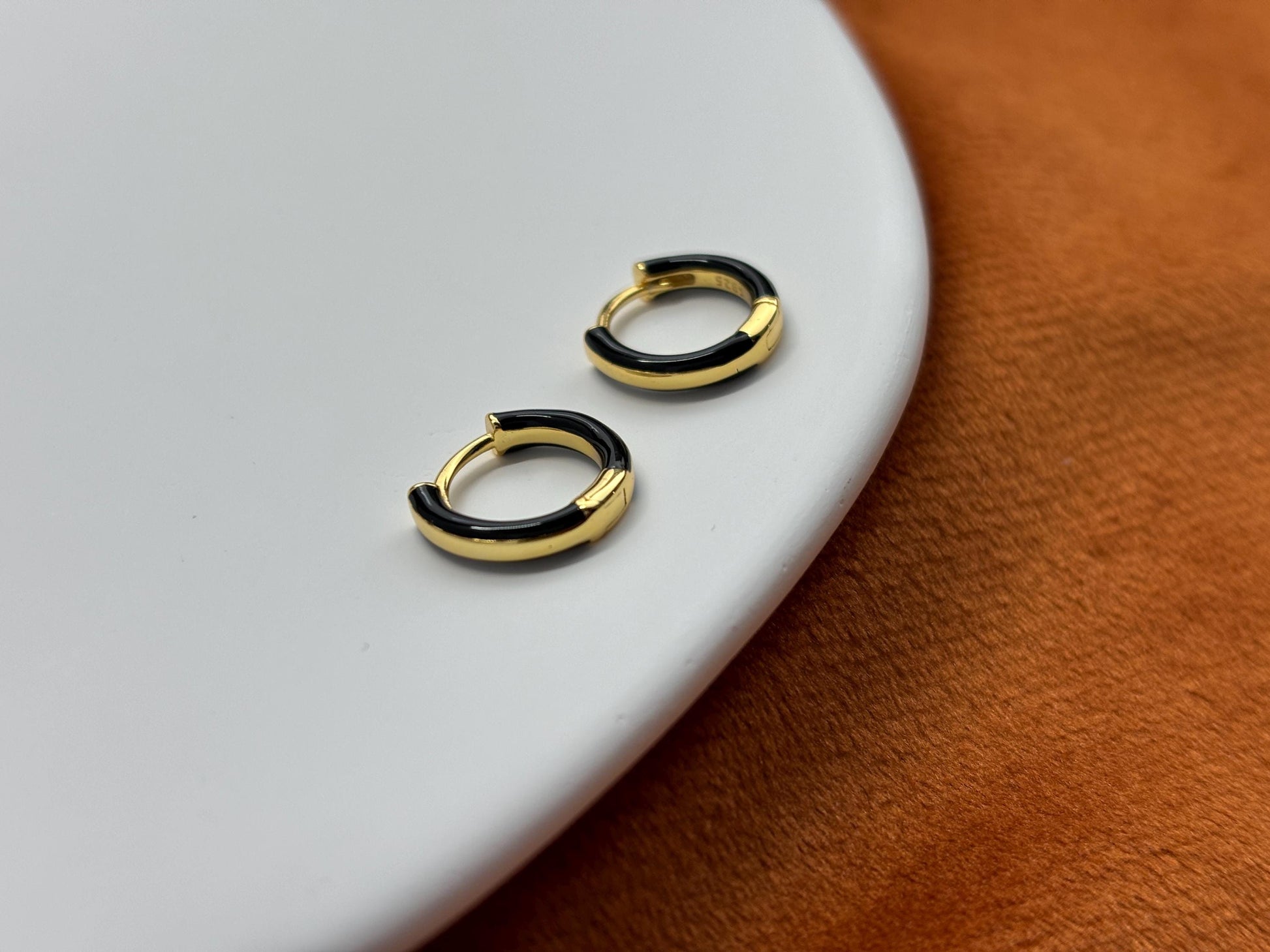 Black Circle Hoop Earrings, Golden Dainty Huggie, Silver Minimalist Daily Basic Jewelry, Everyday Gold Plated 925 Sterling Silver Jewellery