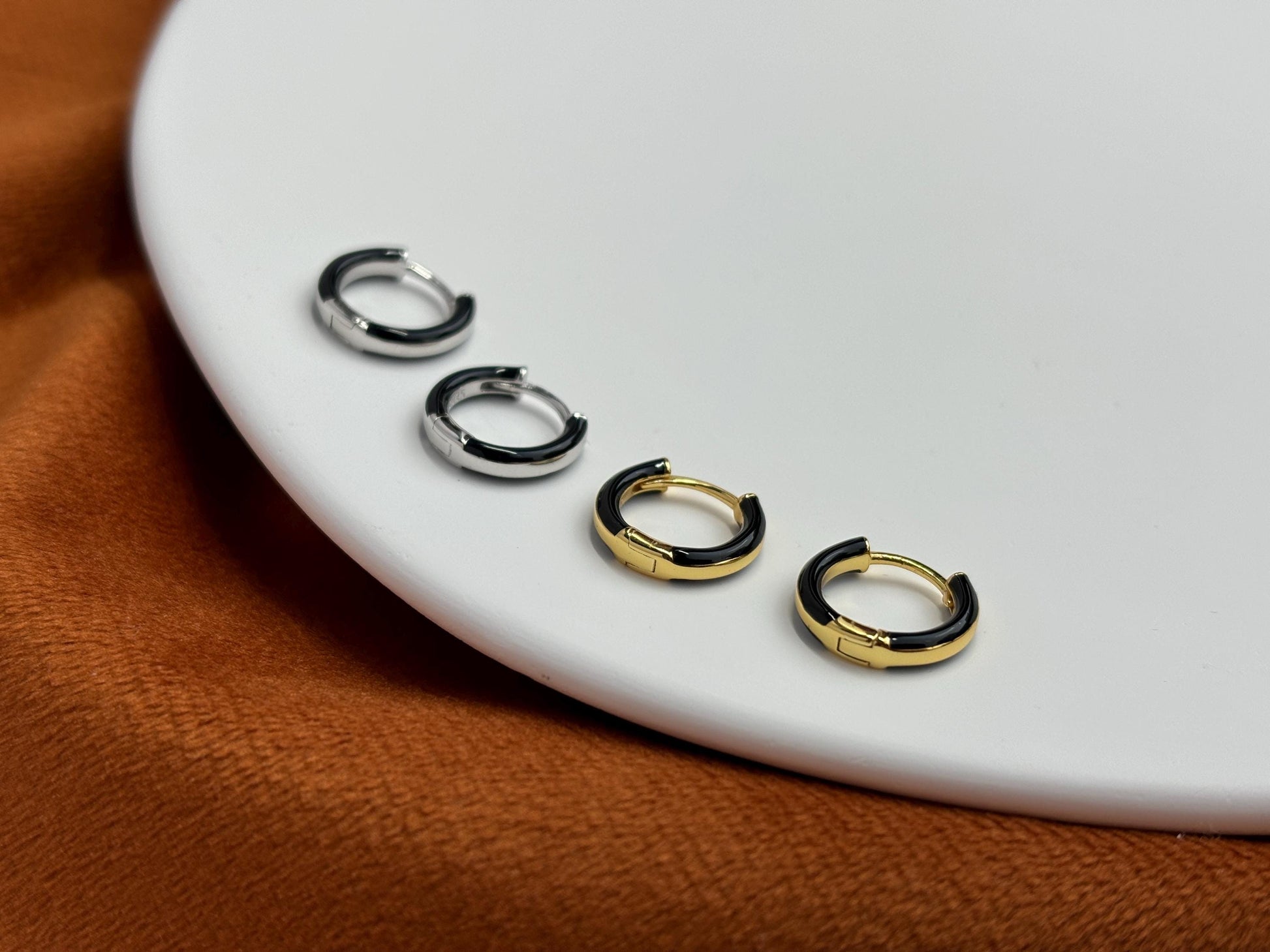 Black Circle Hoop Earrings, Golden Dainty Huggie, Silver Minimalist Daily Basic Jewelry, Everyday Gold Plated 925 Sterling Silver Jewellery