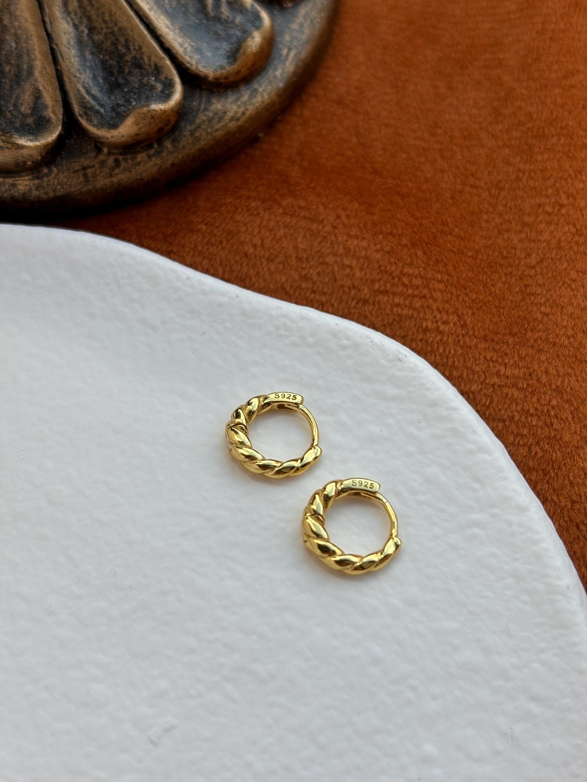 Golden Twist Hoops, Silver Spiral Earrings, Twisted Huggie Jewelry, Daily Basic Golden Hoop, 14K Gold Plated 925 Sterling Silver Jewellery