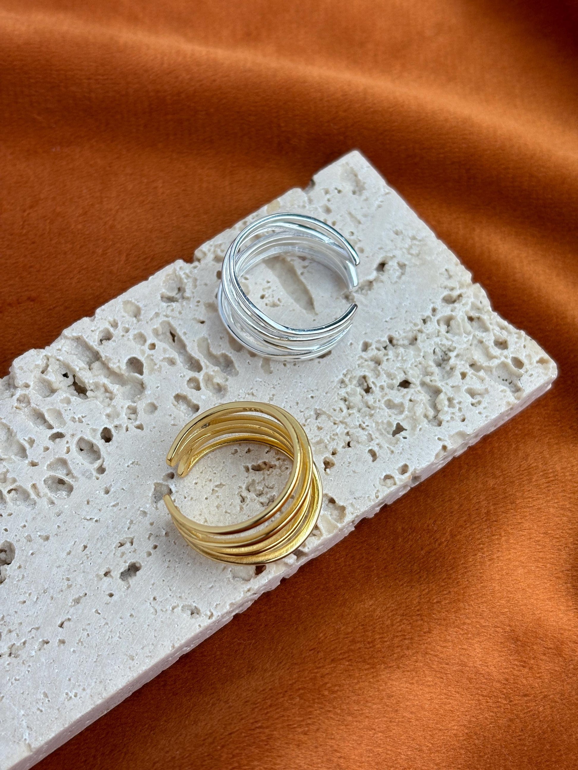 Golden Fashion Statement Ring, Multi Layers Adjustable Rings, Gold Irregular Hollow Multiple Row Wrap Ring, Silver Jewelry, Unique Jewellery