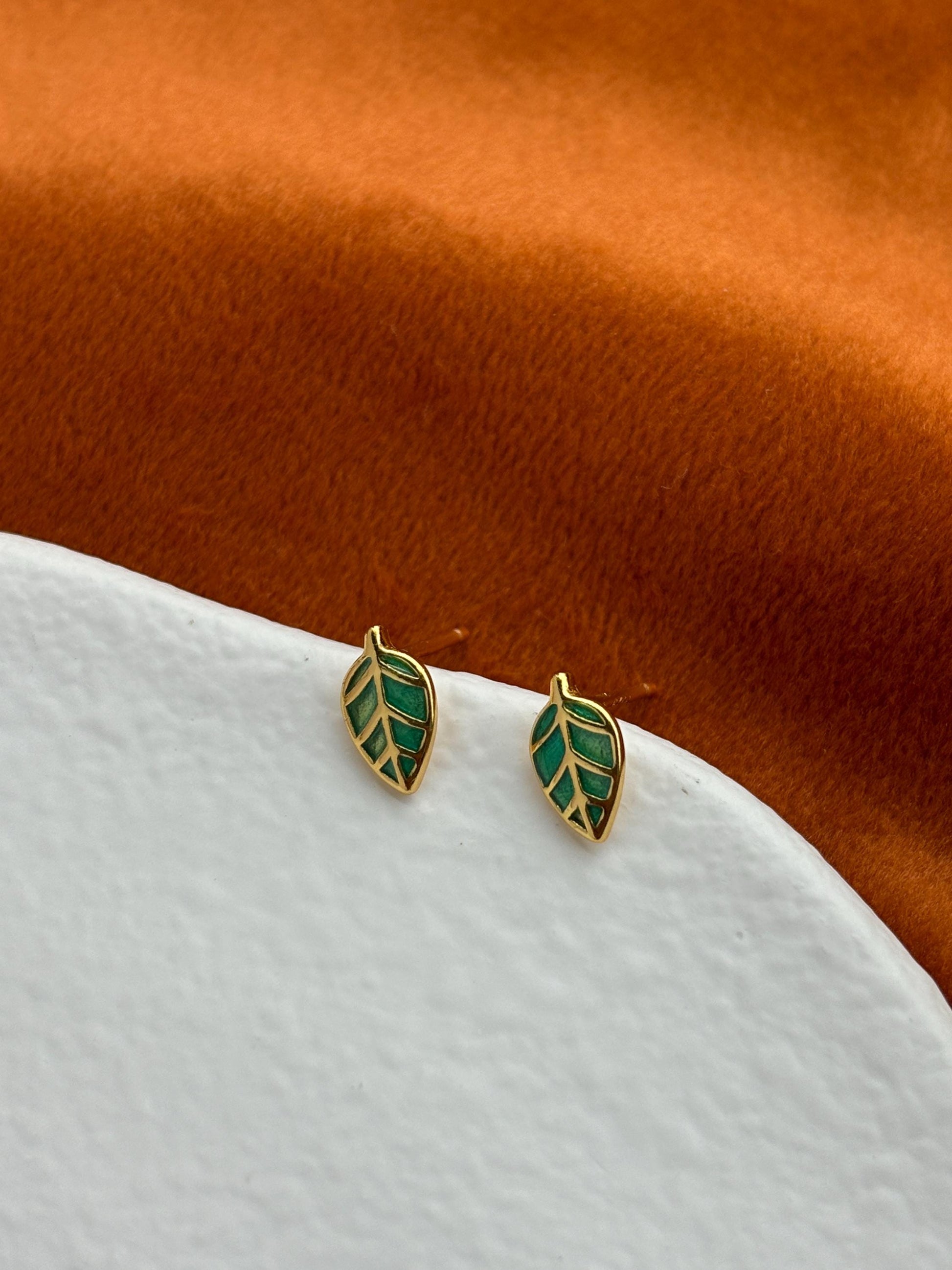 Enamel Green Leaf Solid Sterling Silver Stud Earrings, Mini Cute Golden Plant Earrings, Glaze Jewelry, Dainty 14K Gold Plated Studs