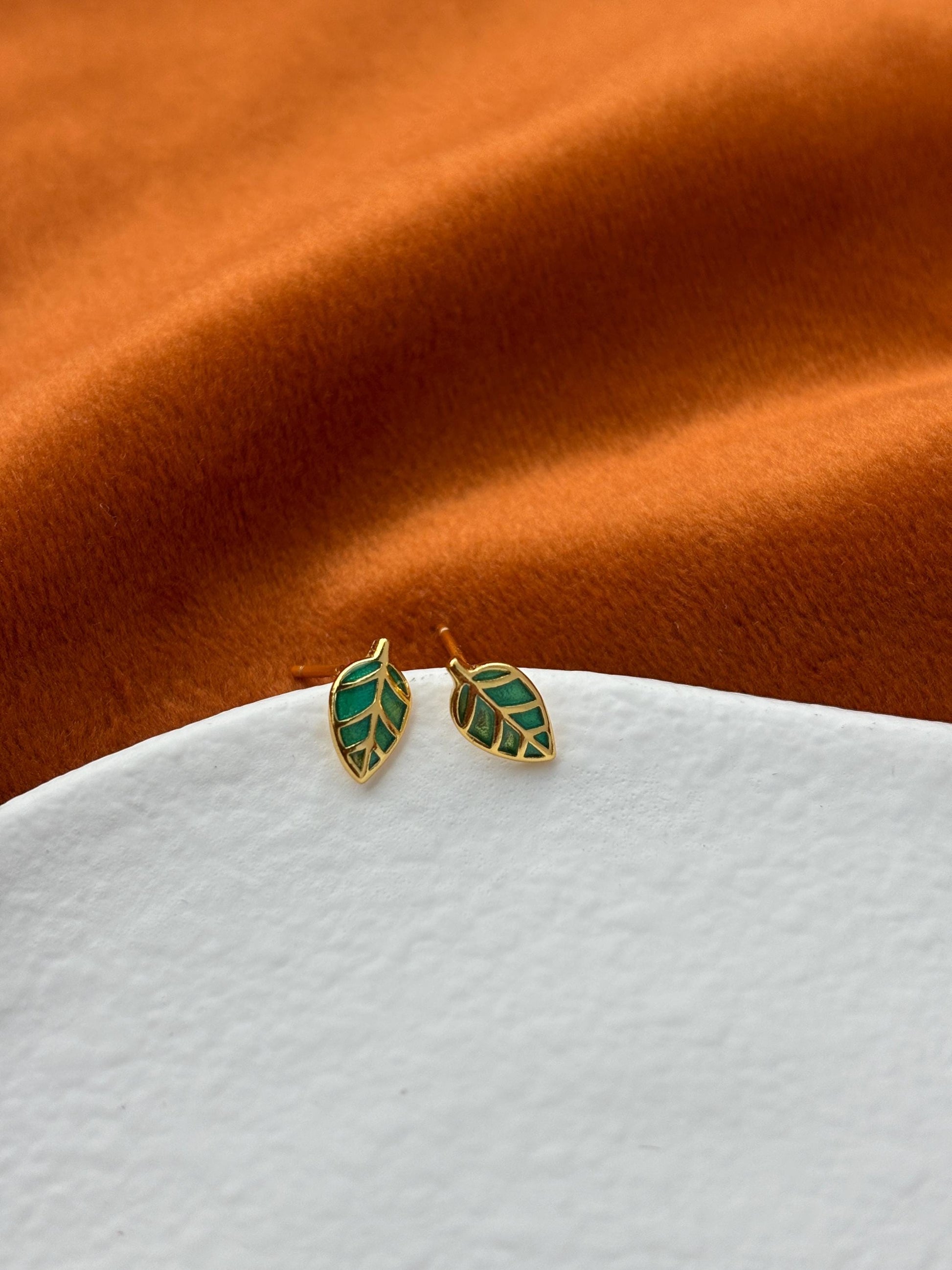 Enamel Green Leaf Solid Sterling Silver Stud Earrings, Mini Cute Golden Plant Earrings, Glaze Jewelry, Dainty 14K Gold Plated Studs