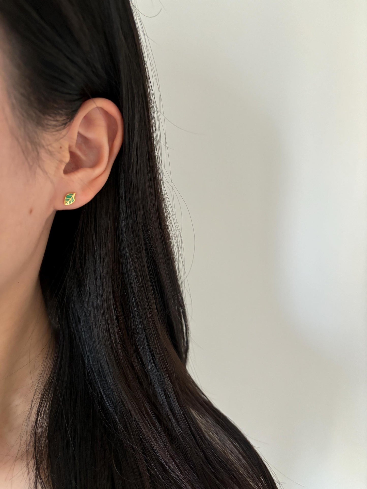 Enamel Green Leaf Solid Sterling Silver Stud Earrings, Mini Cute Golden Plant Earrings, Glaze Jewelry, Dainty 14K Gold Plated Studs