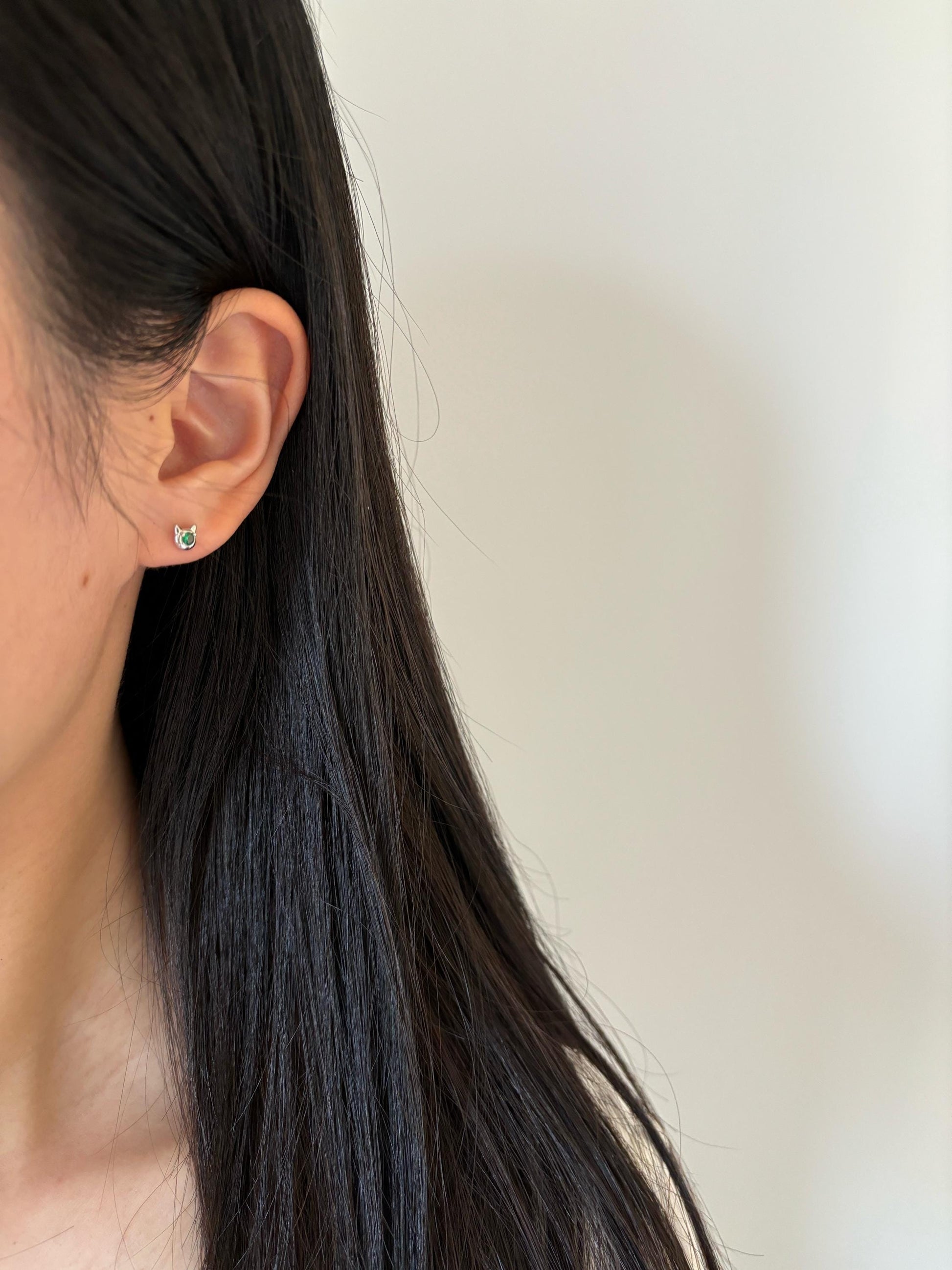 Cute Kitten Stud Earrings, Mini Golden Cat Earrings, Emerald Animal Jewelry, Sterling Silver Jewellery, 18K Gold Plated Green Gemstone Studs