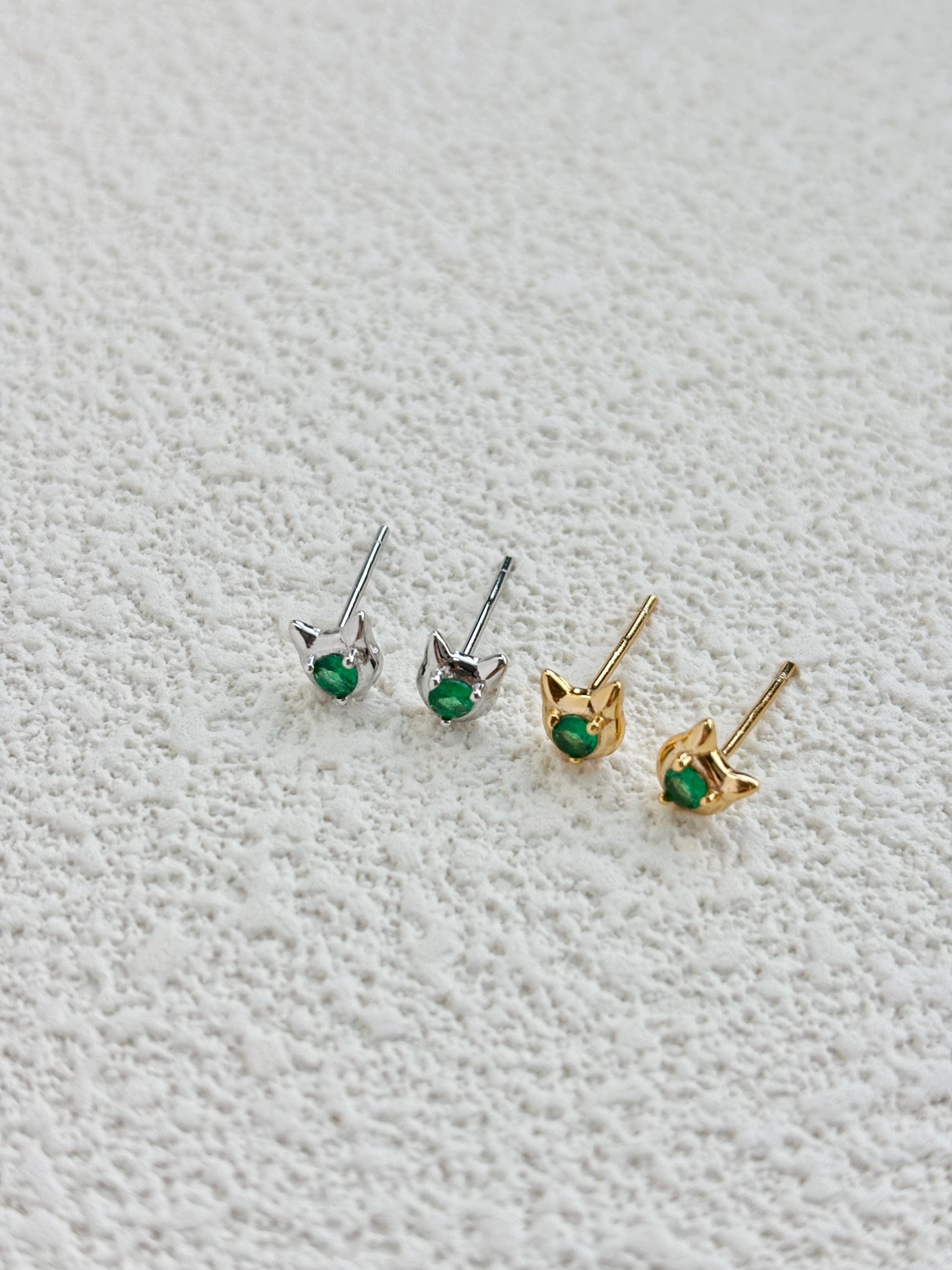 Cute Kitten Stud Earrings, Mini Golden Cat Earrings, Emerald Animal Jewelry, Sterling Silver Jewellery, 18K Gold Plated Green Gemstone Studs