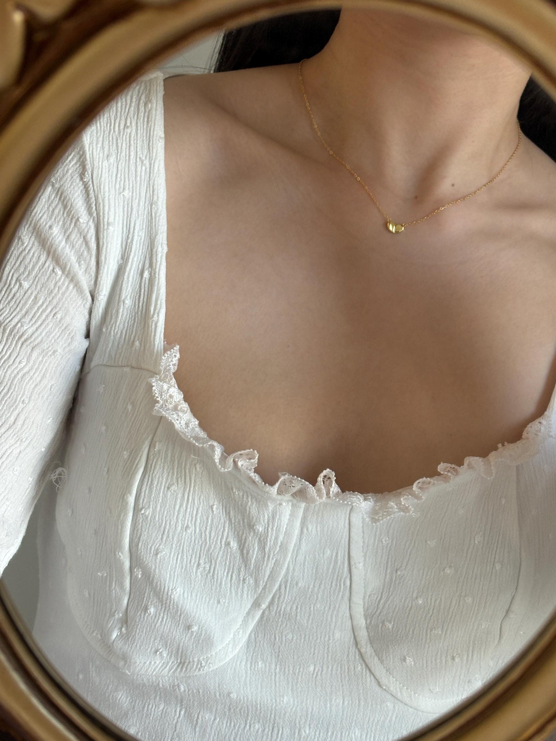 Basic Silver Heart Clavicle Necklace, Golden Heart Pendant Jewellery, Minimalist Love Necklace, Dainty Mini Pea Jewelry, 14K Gold Plated