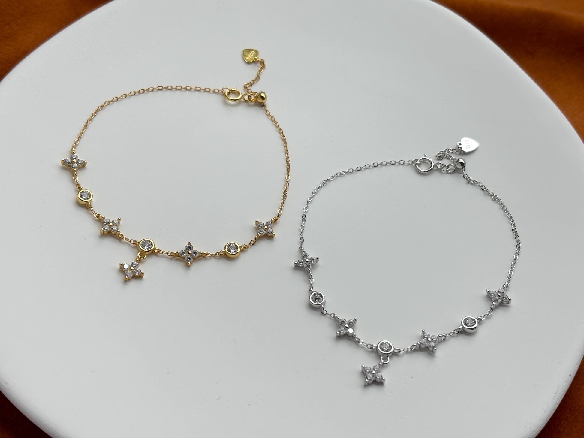 Silver Four Leaf Clover Bracelet, Golden Flower Charm Bracelet, Floral Gold Plated Sterling Silver Jewellery, Dainty Elegant Jewelry