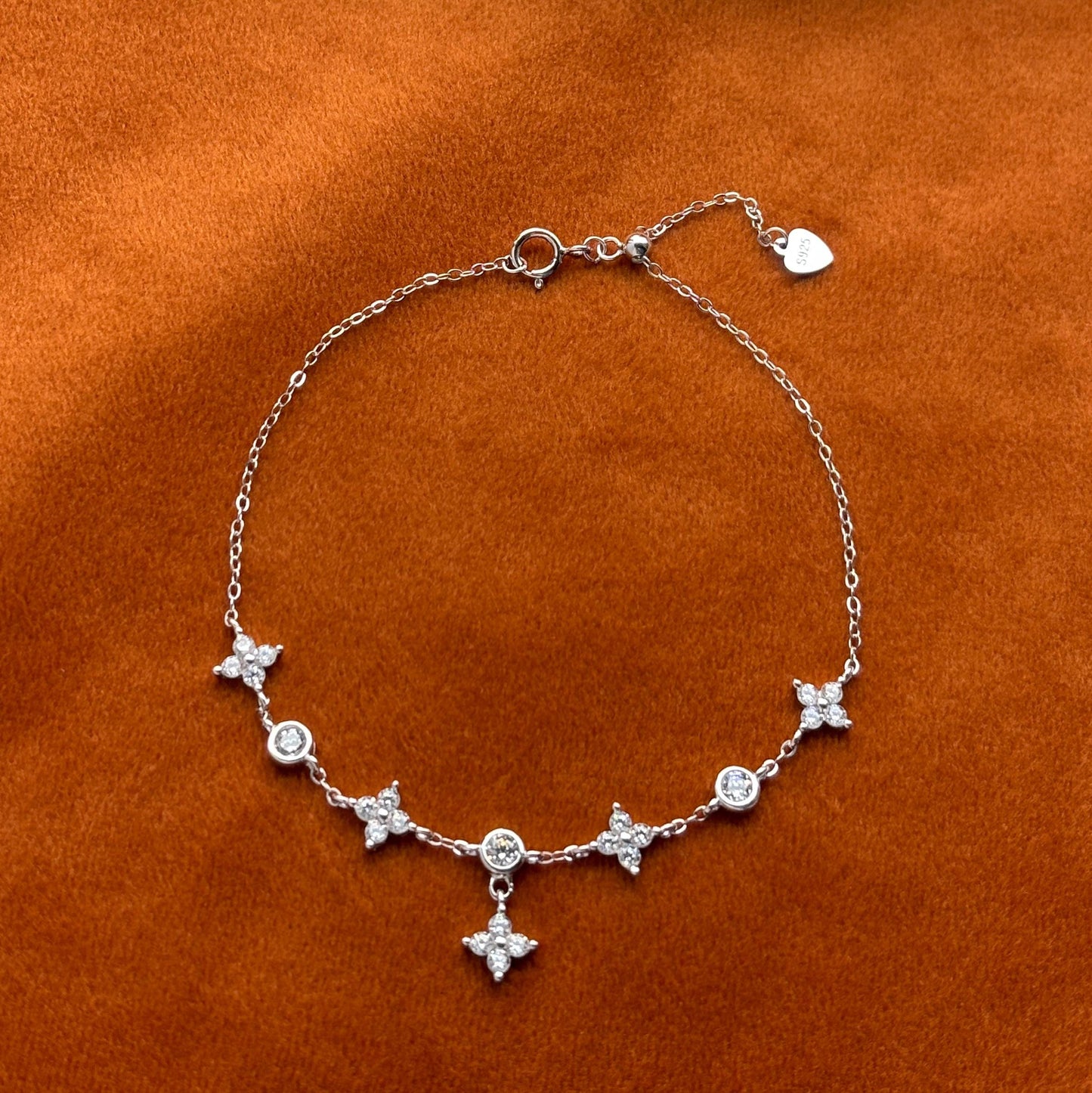 Silver Four Leaf Clover Bracelet, Golden Flower Charm Bracelet, Floral Gold Plated Sterling Silver Jewellery, Dainty Elegant Jewelry