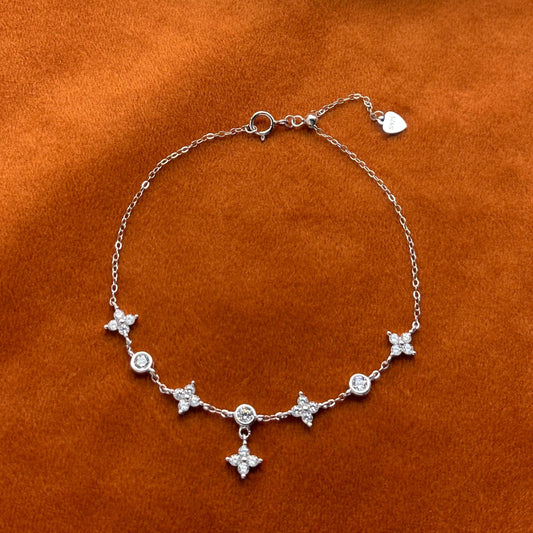 Silver Four Leaf Clover Bracelet, Golden Flower Charm Bracelet, Floral Gold Plated Sterling Silver Jewellery, Dainty Elegant Jewelry