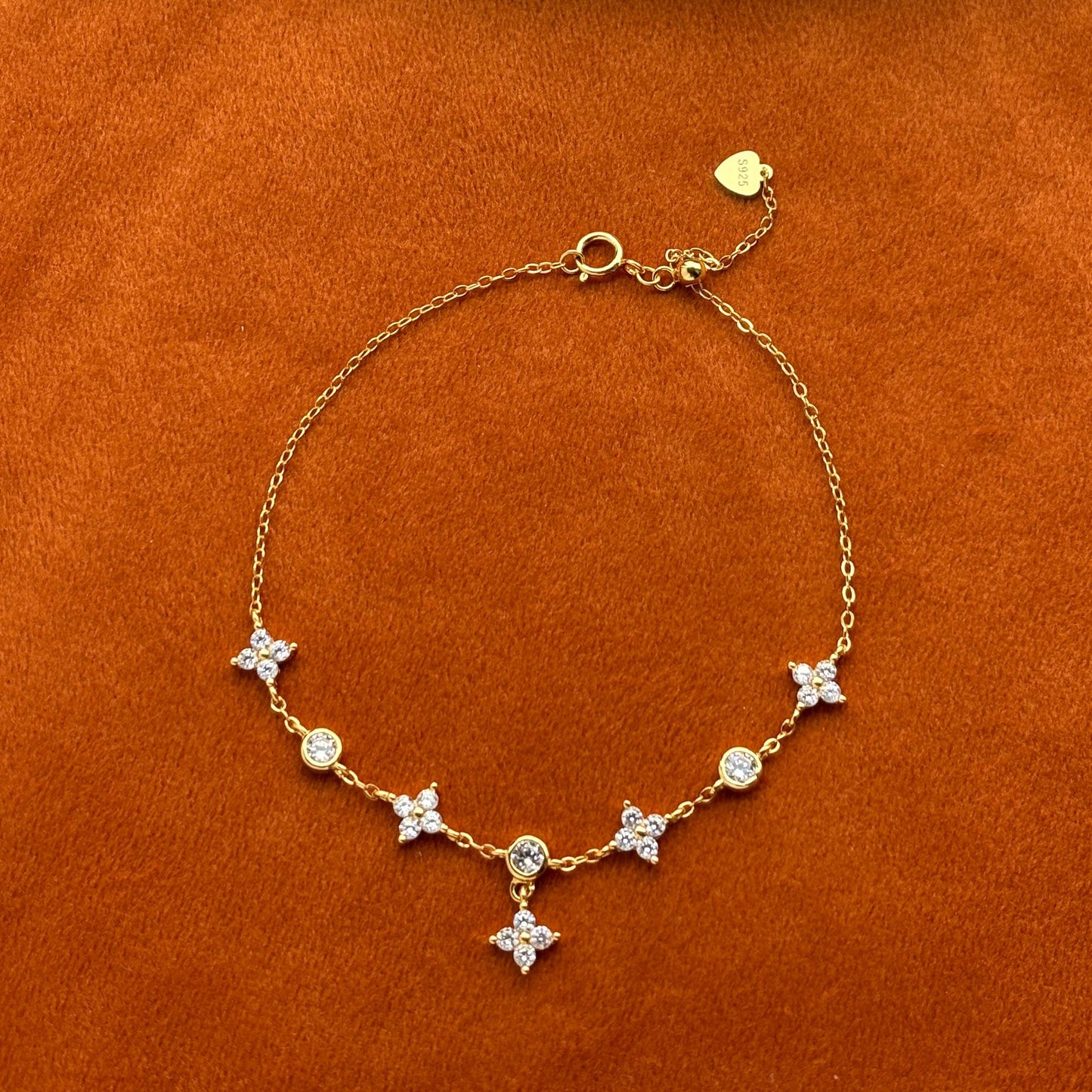 Silver Four Leaf Clover Bracelet, Golden Flower Charm Bracelet, Floral Gold Plated Sterling Silver Jewellery, Dainty Elegant Jewelry