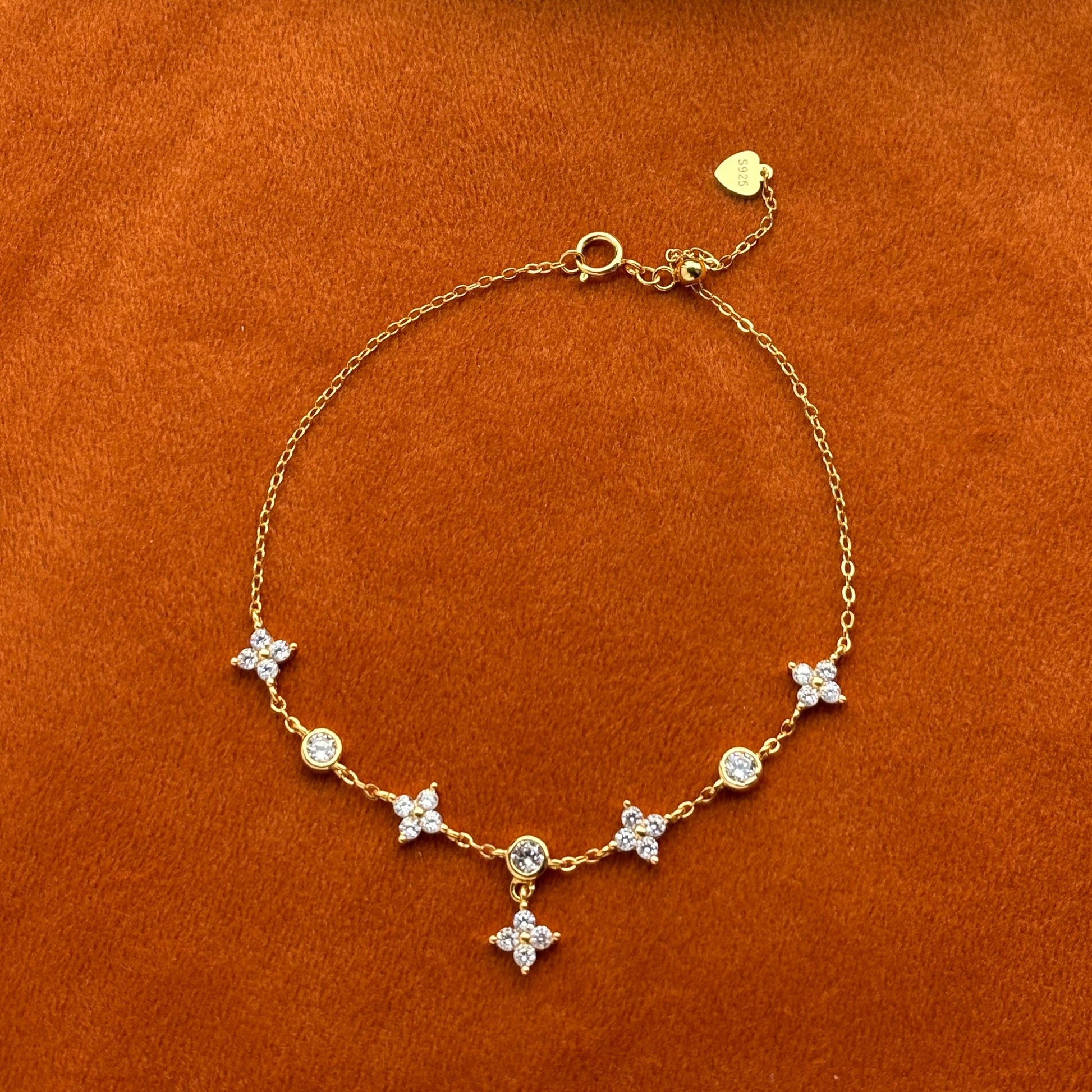 Silver Four Leaf Clover Bracelet, Golden Flower Charm Bracelet, Floral Gold Plated Sterling Silver Jewellery, Dainty Elegant Jewelry