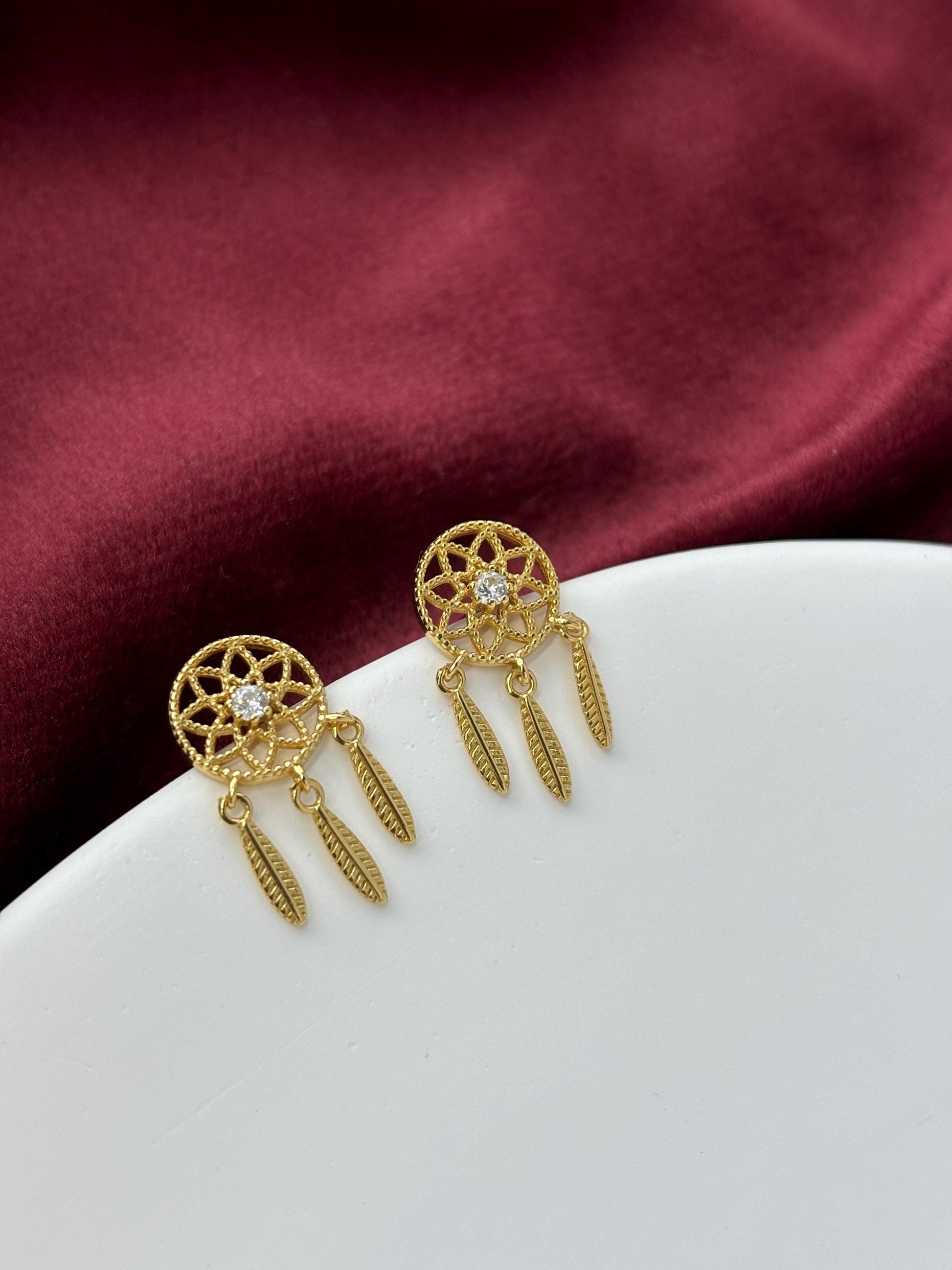 Dream Catcher Dangle Earrings, Golden Dreamcatcher Drop Earrings, Dainty Shiny Sparkling Jewelry, Gold Plated 925 Sterling Silver Jewellery
