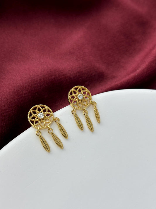 Dream Catcher Dangle Earrings, Golden Dreamcatcher Drop Earrings, Dainty Shiny Sparkling Jewelry, Gold Plated 925 Sterling Silver Jewellery