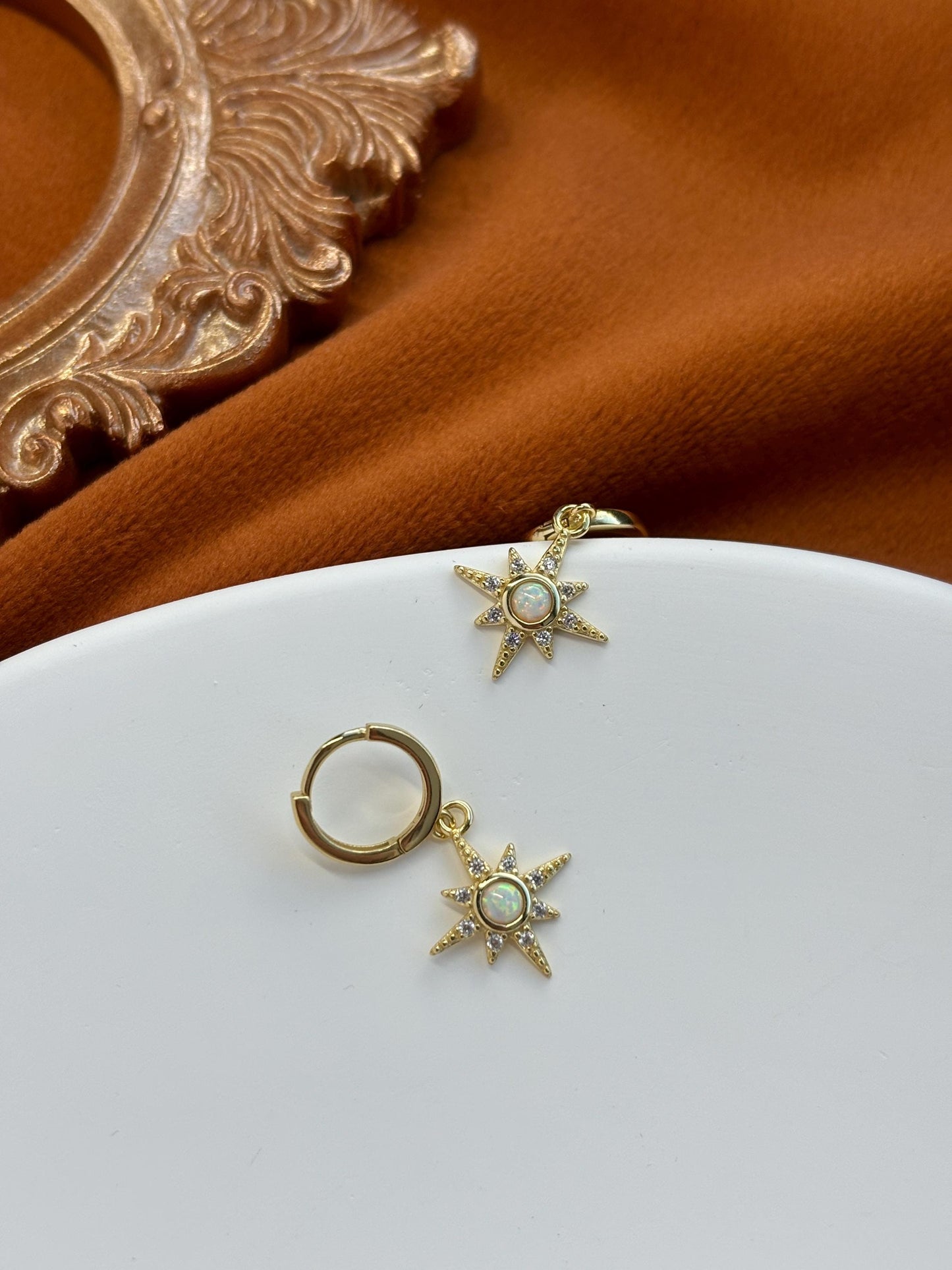 Shiny North Star Opal Hoops, Silver Celestial Drop Dangle Earrings, Vintage Style Star Jewelry, Dainty Gold Plated Sterling Silver Jewellery